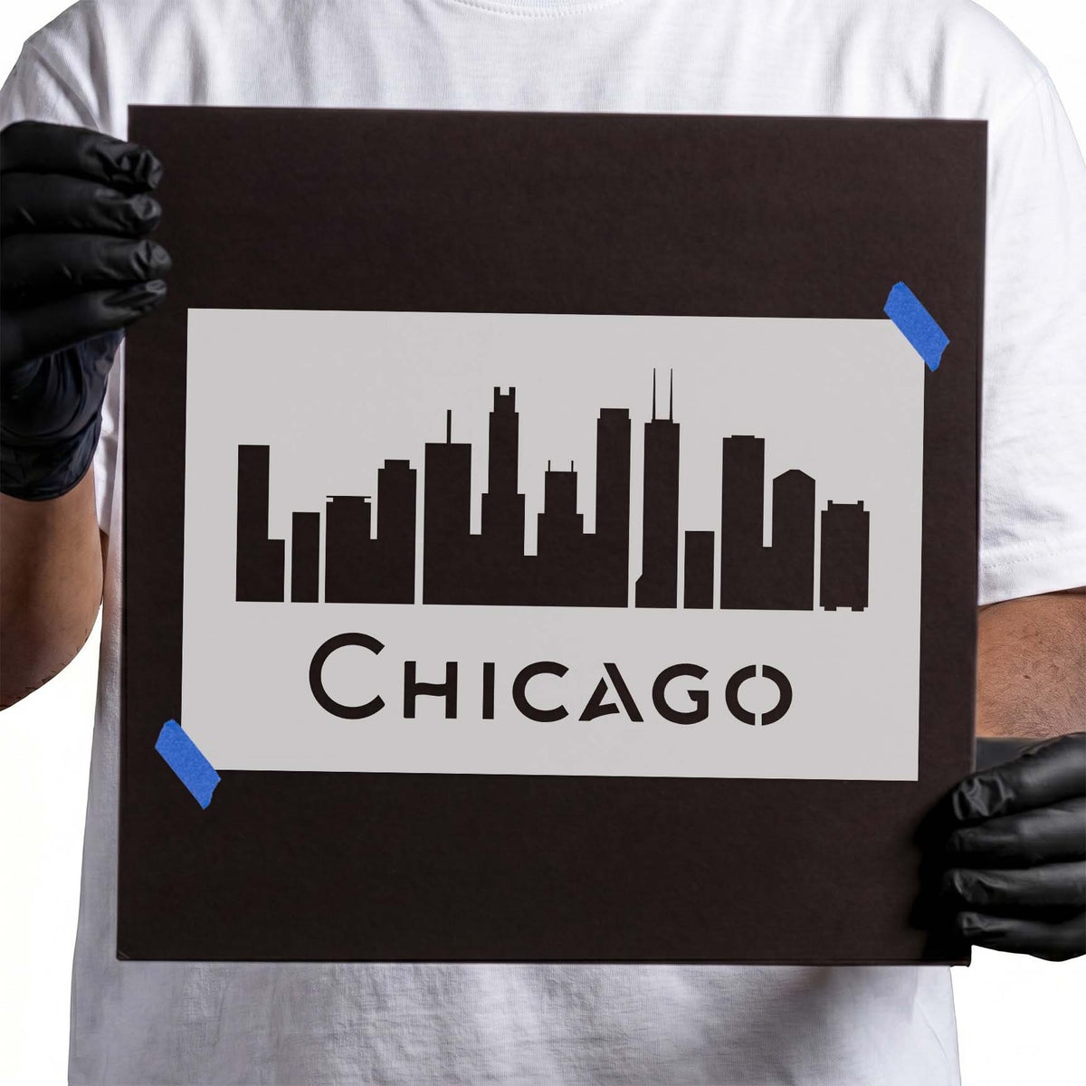 Chicago skyline stencil with city buildings and Chicago lettering