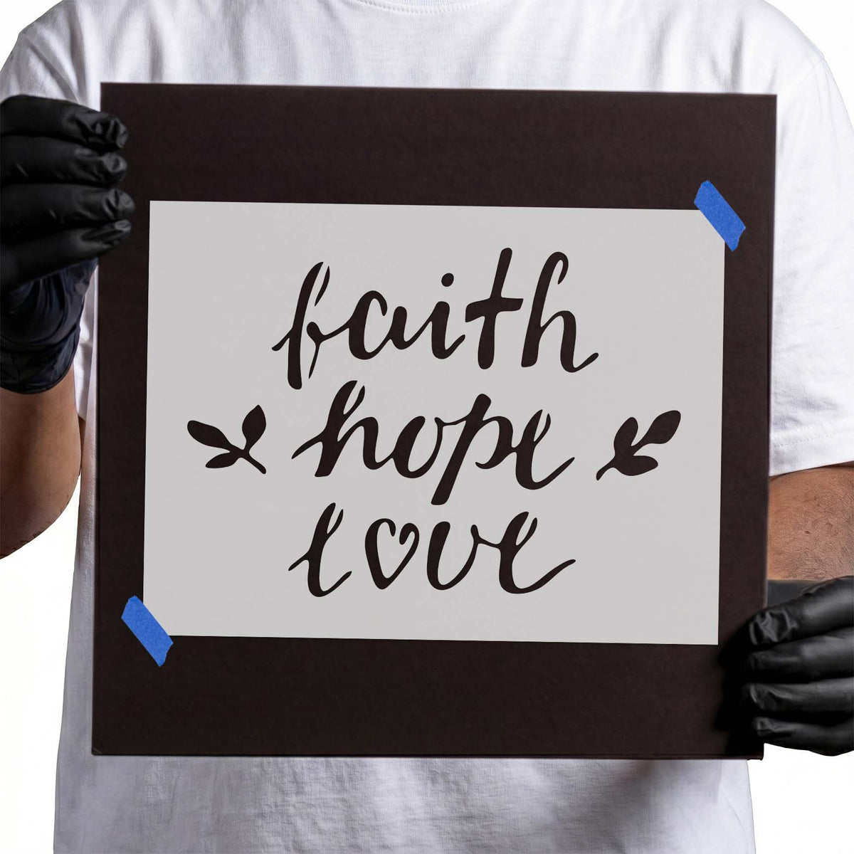 Faith hope love stencil with leafy accents and heart detail
