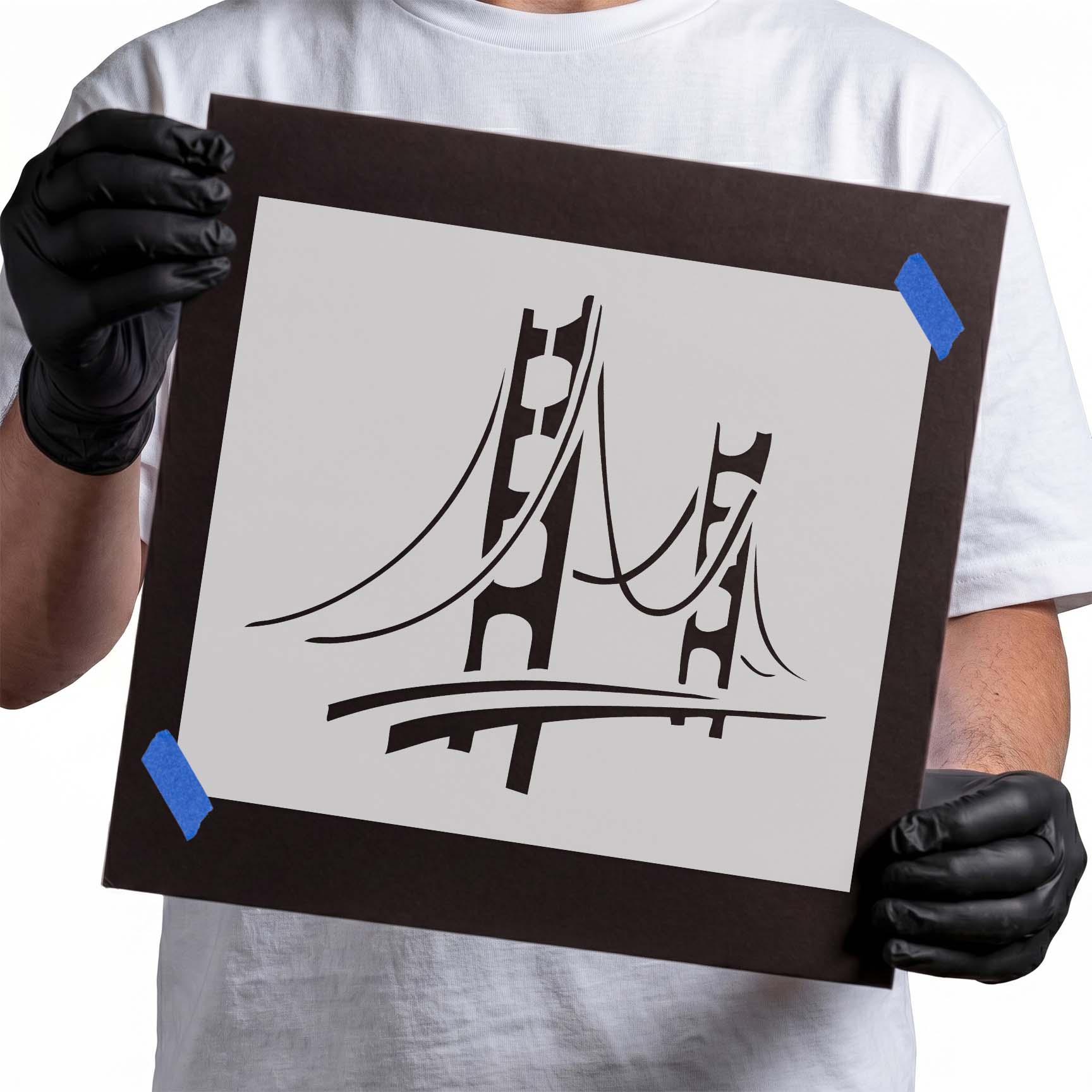 Golden Gate Bridge stencil with suspension towers and sweeping cables