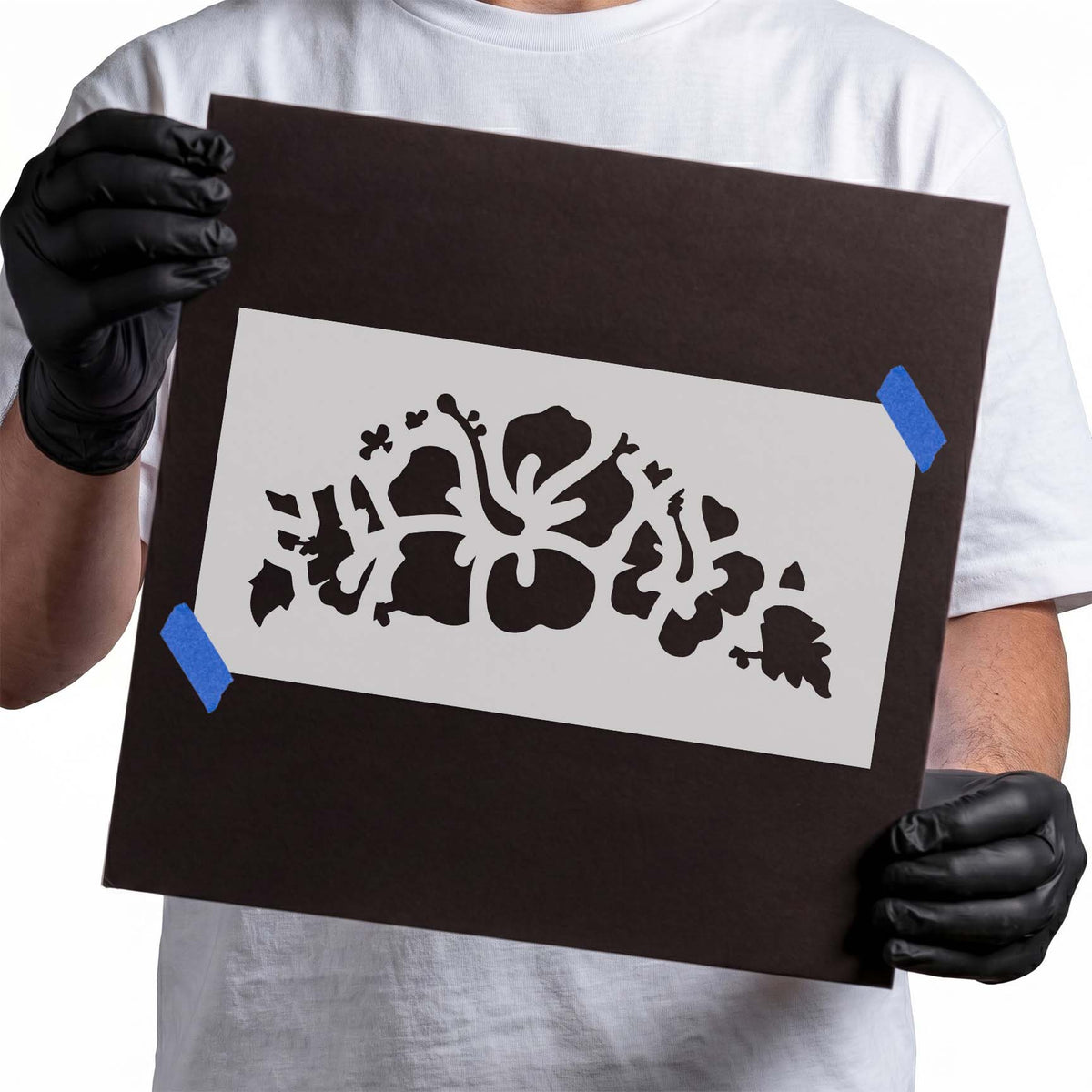 Hibiscus flower crown stencil with tropical blooms and leafy accents