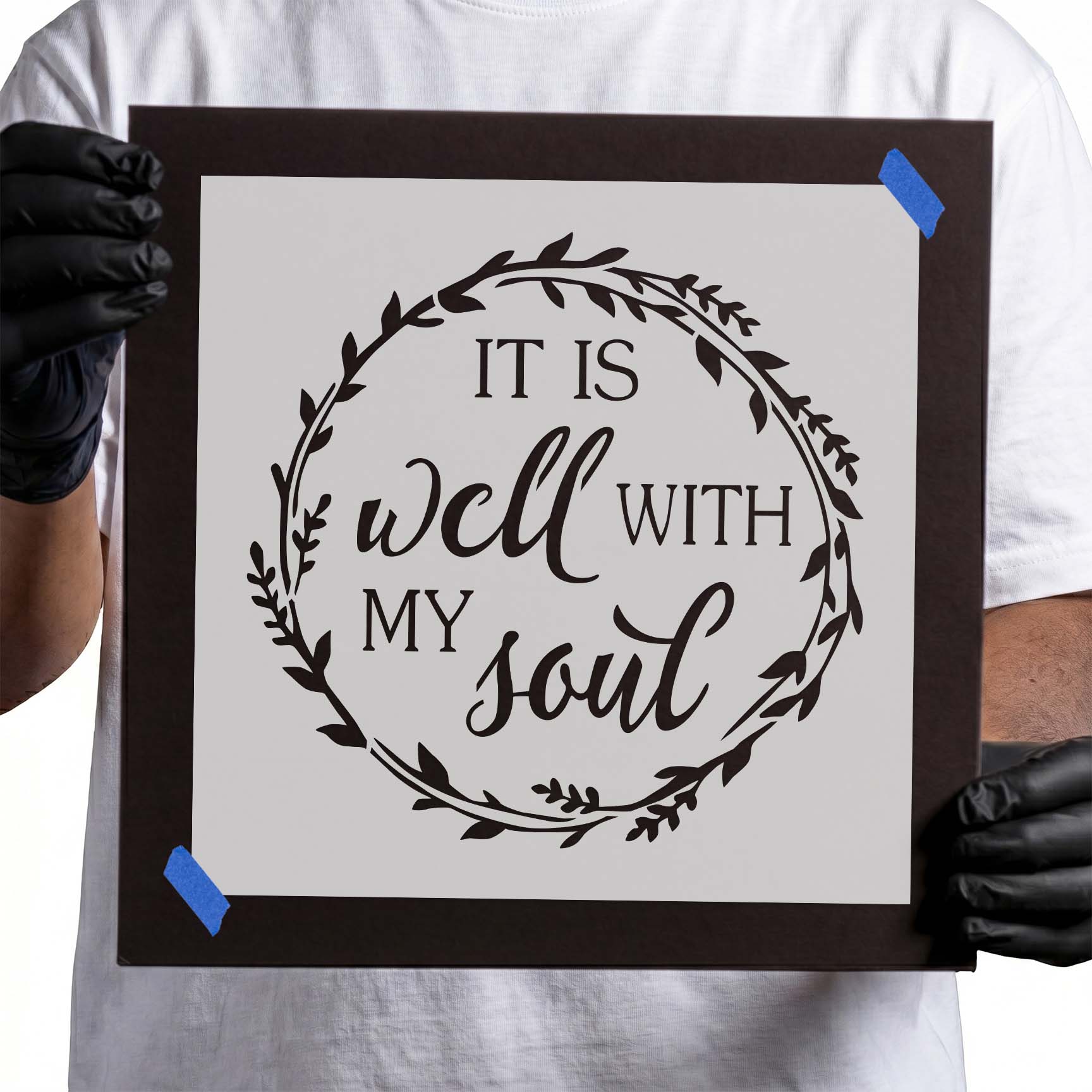 It is well with my soul stencil lettering inside leafy wreath
