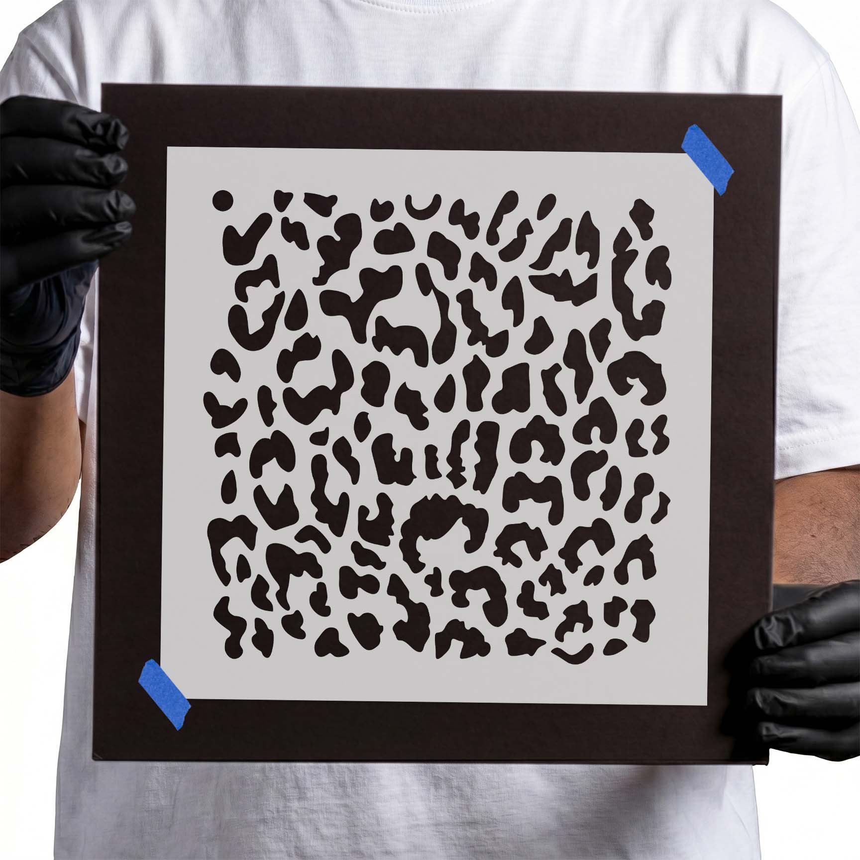 Leopard print stencil with varied irregular animal spot pattern