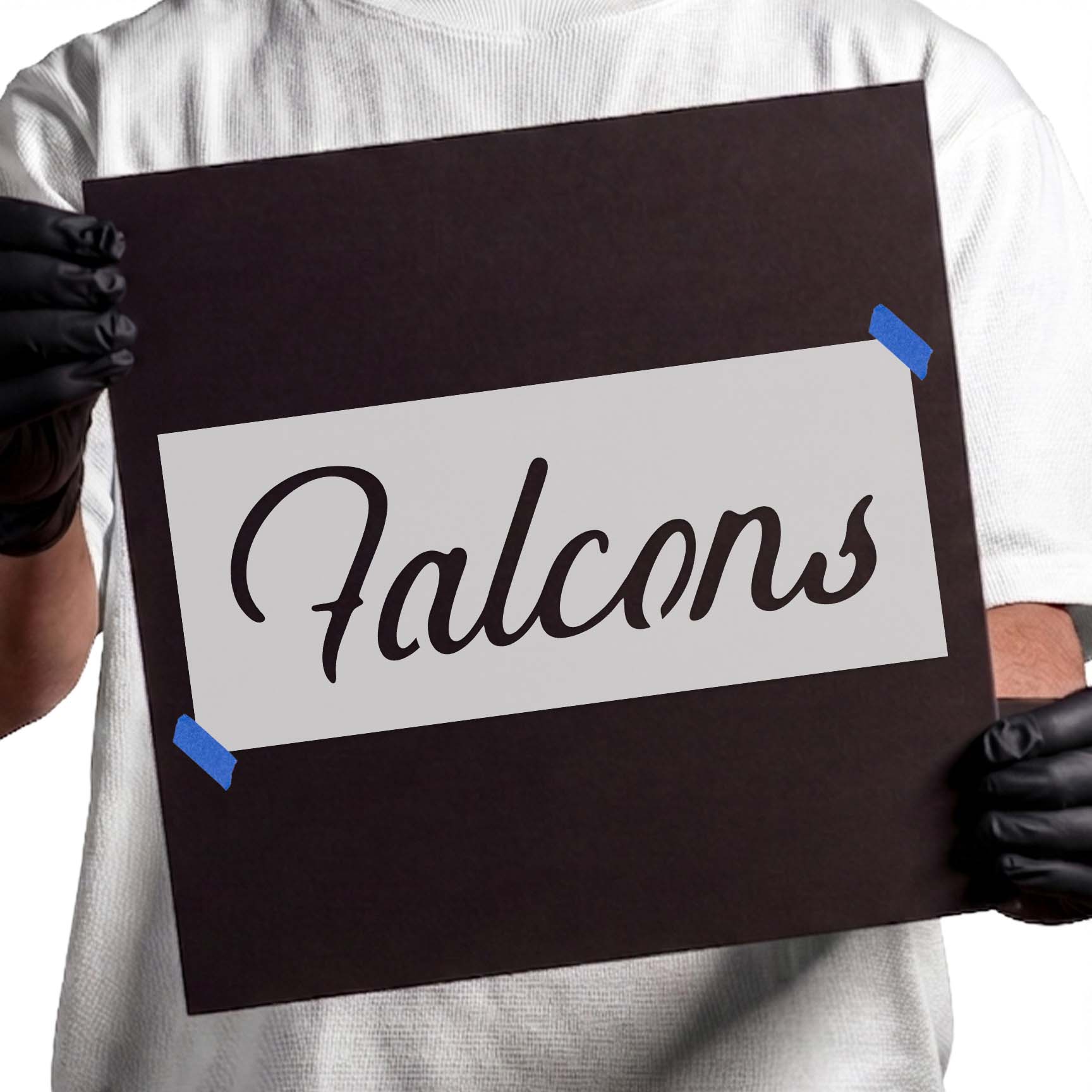 Falcons stencil with flowing cursive word lettering