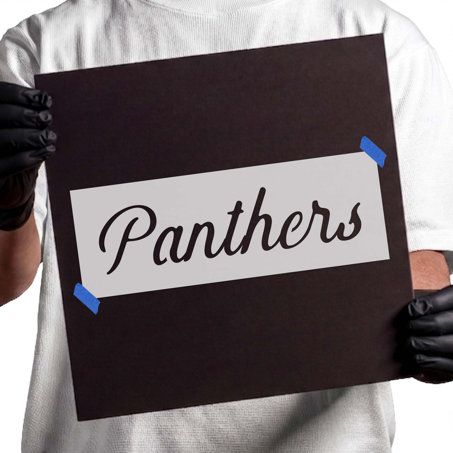 Panthers stencil with bold flowing script lettering