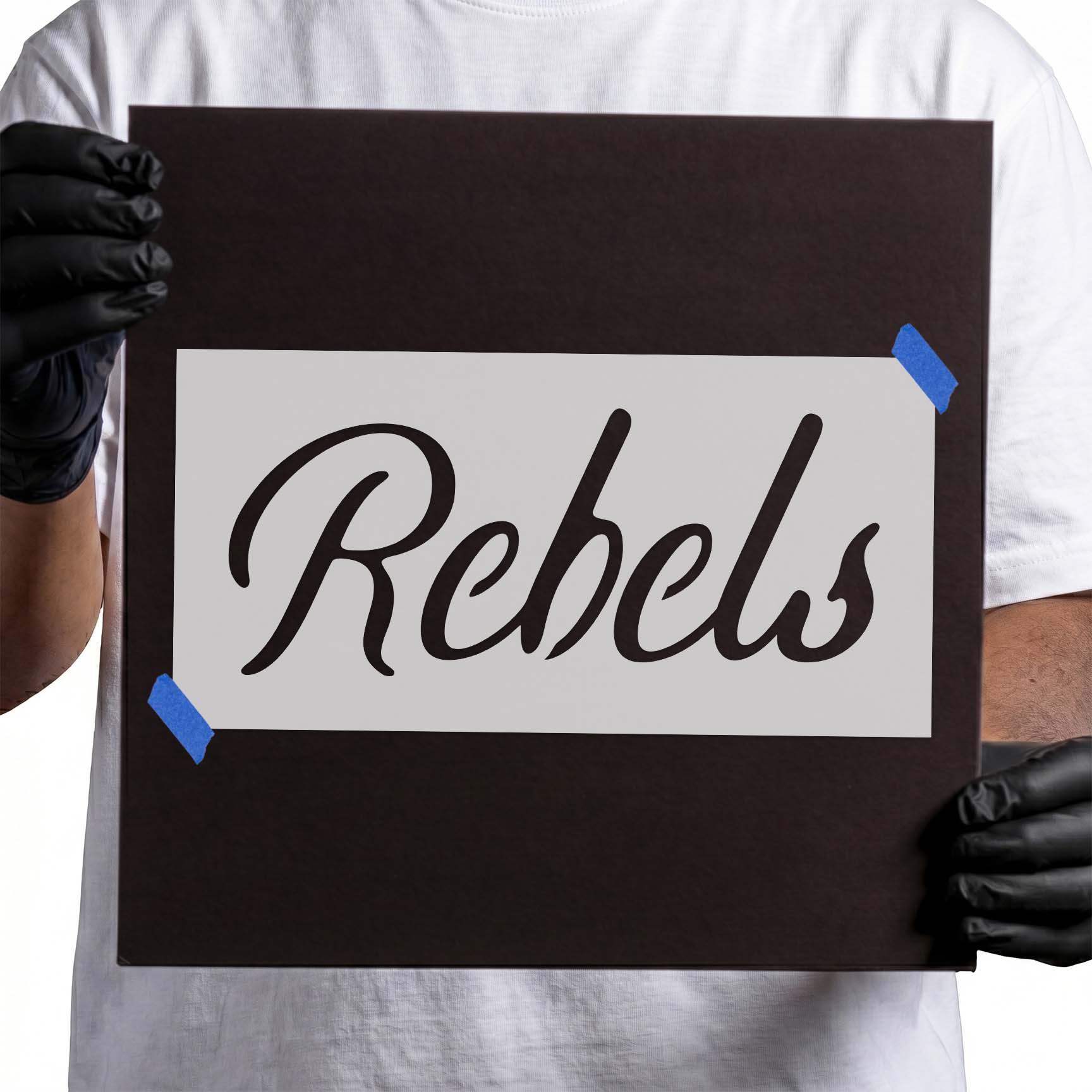 Rebels stencil with sweeping script lettering