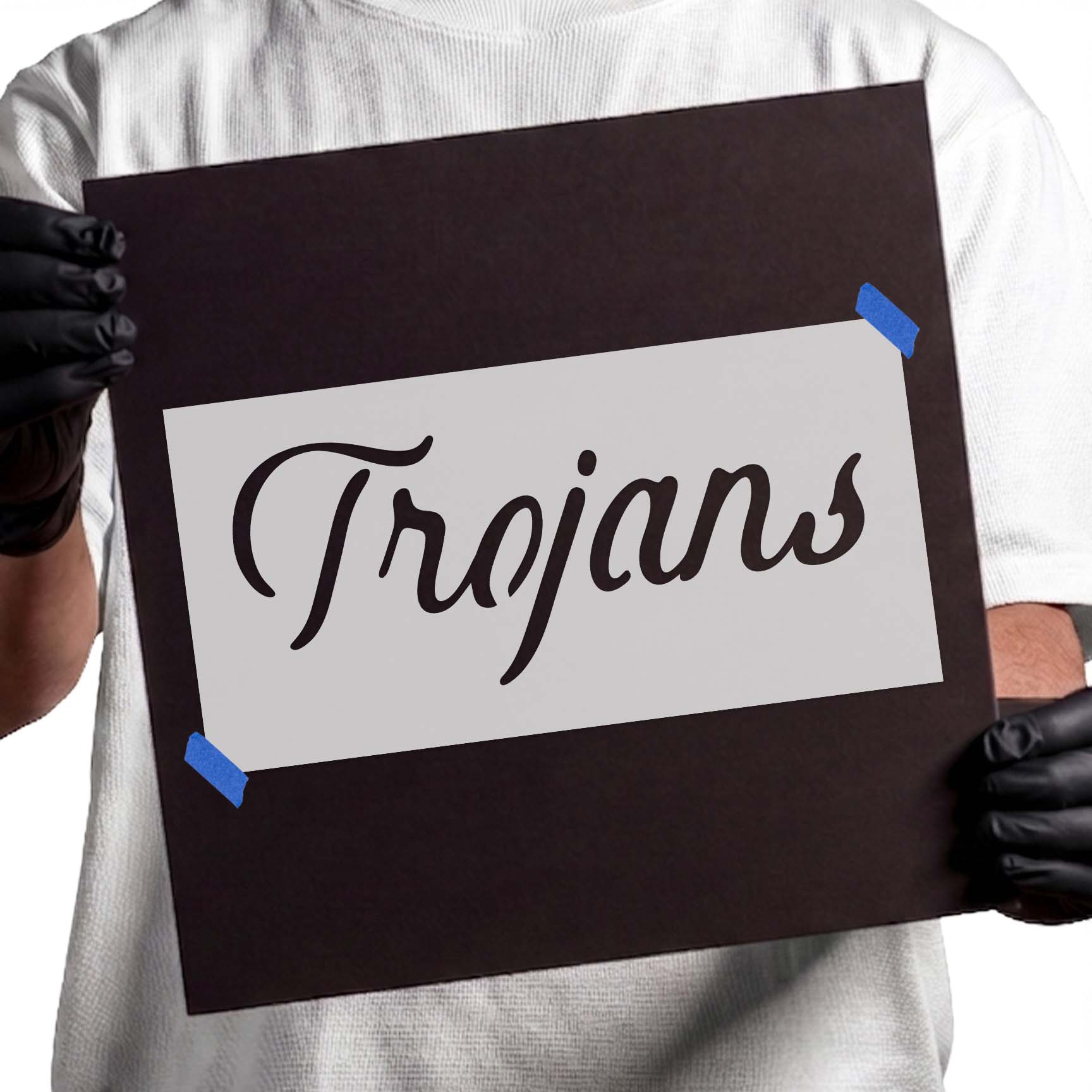 Trojans stencil with bold flowing script lettering