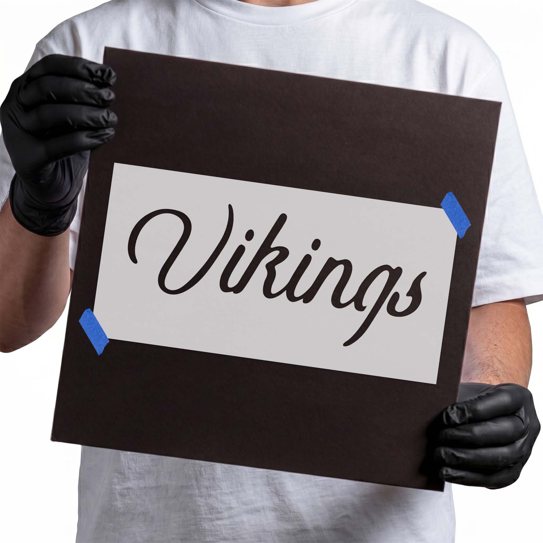 Vikings stencil featuring sweeping cursive script lettering