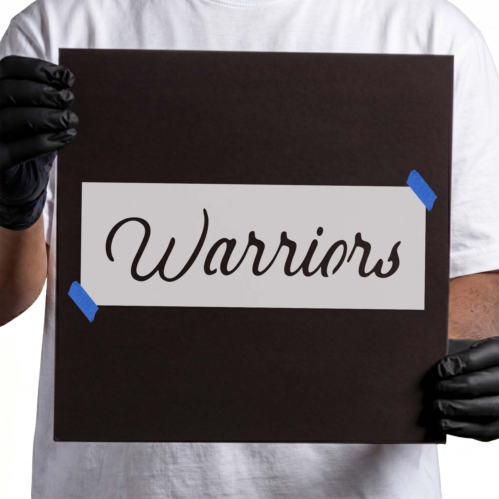 Warriors stencil with sweeping cursive word lettering