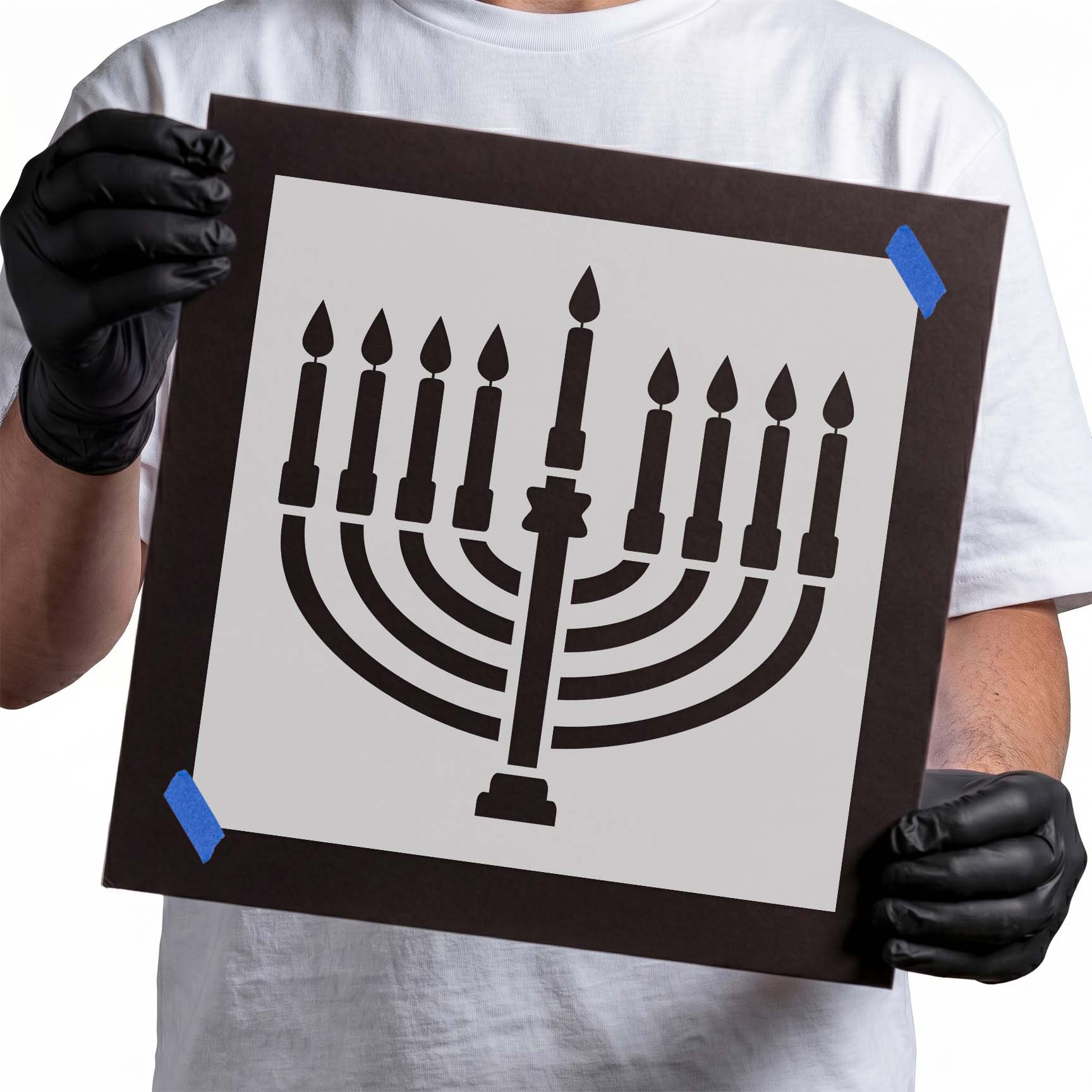 Menorah stencil with nine candles, curved branches, and flames