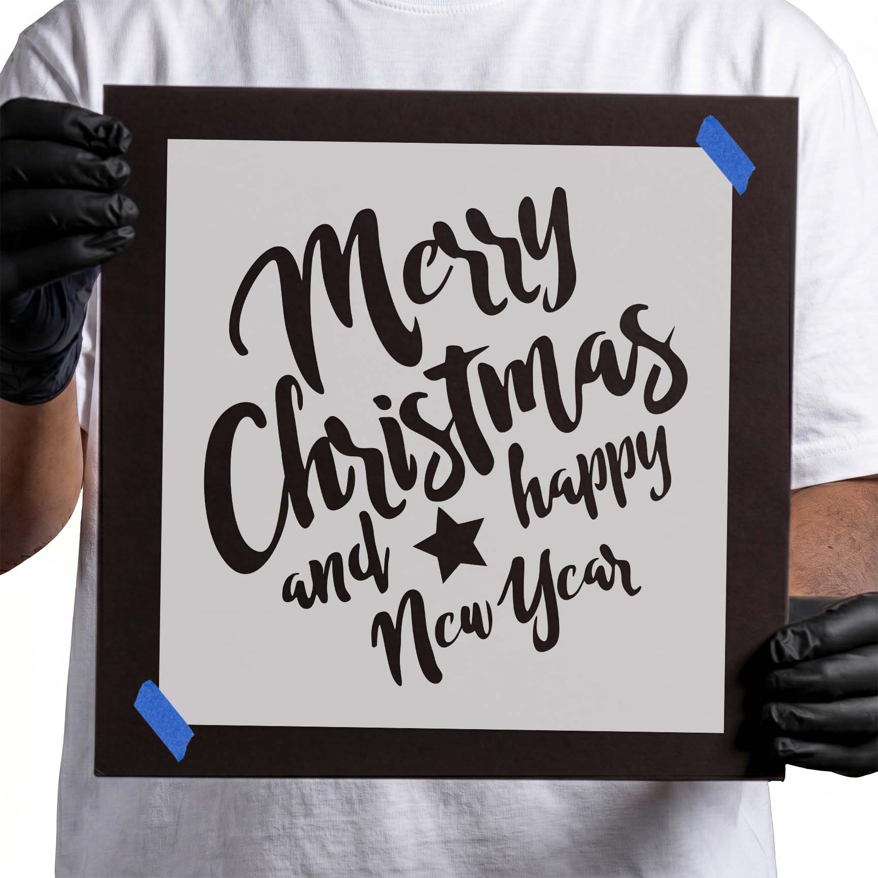 Merry Christmas and Happy New Year lettering stencil with star accent