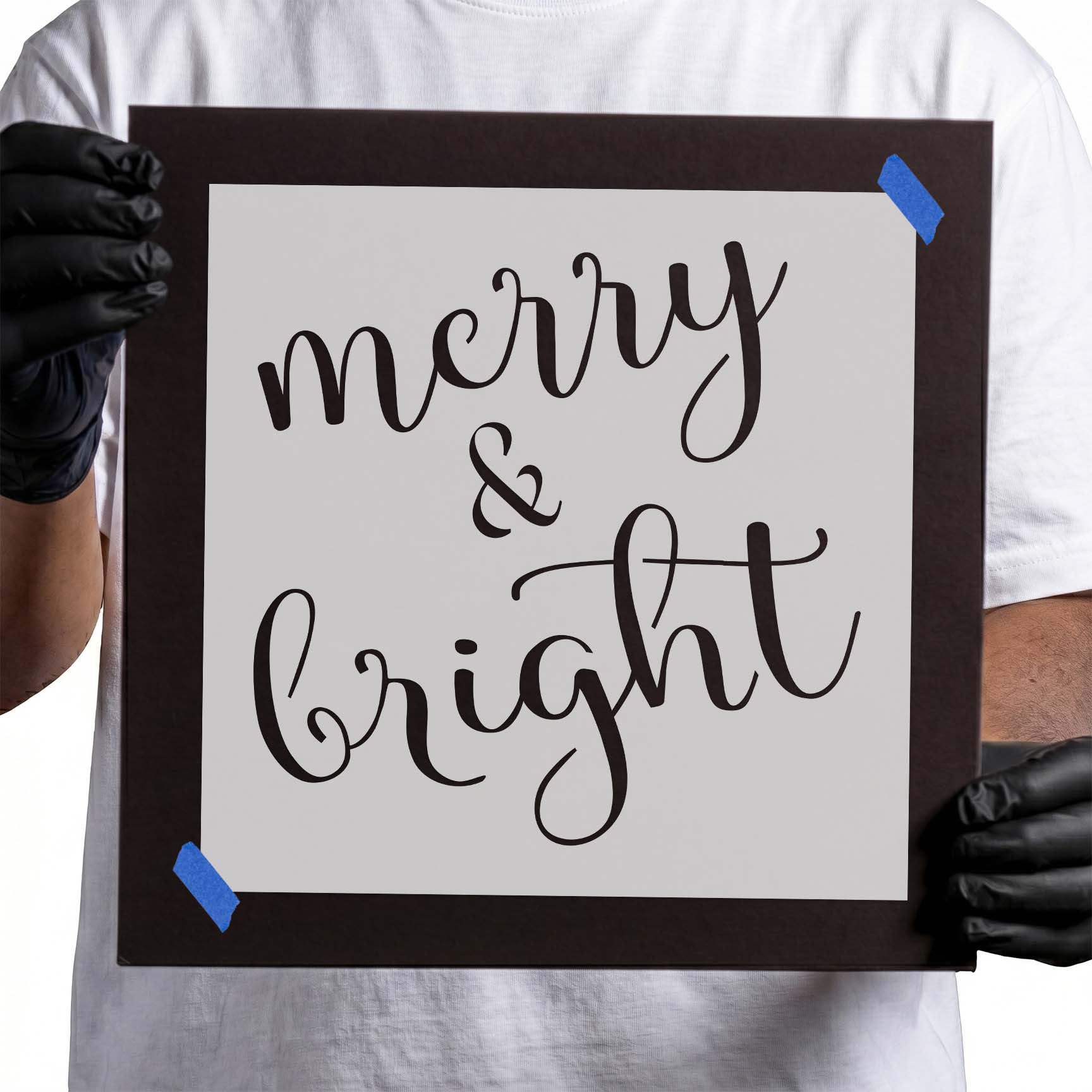 Merry and bright stencil with flowing handwritten script lettering