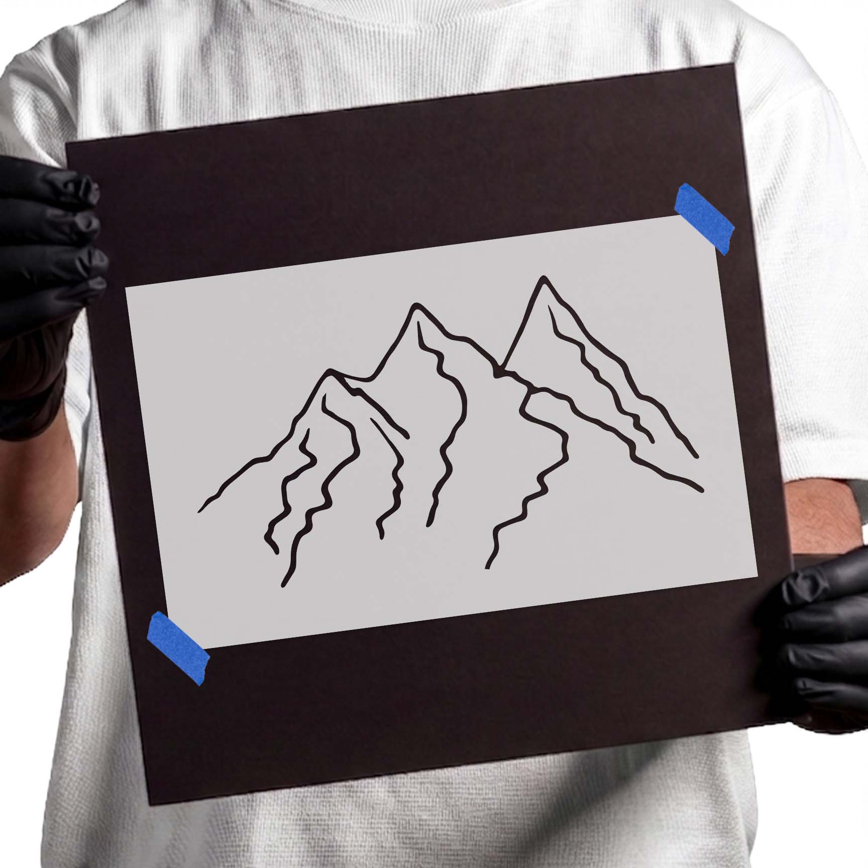 Minimalist line art mountain range stencil with three peaks