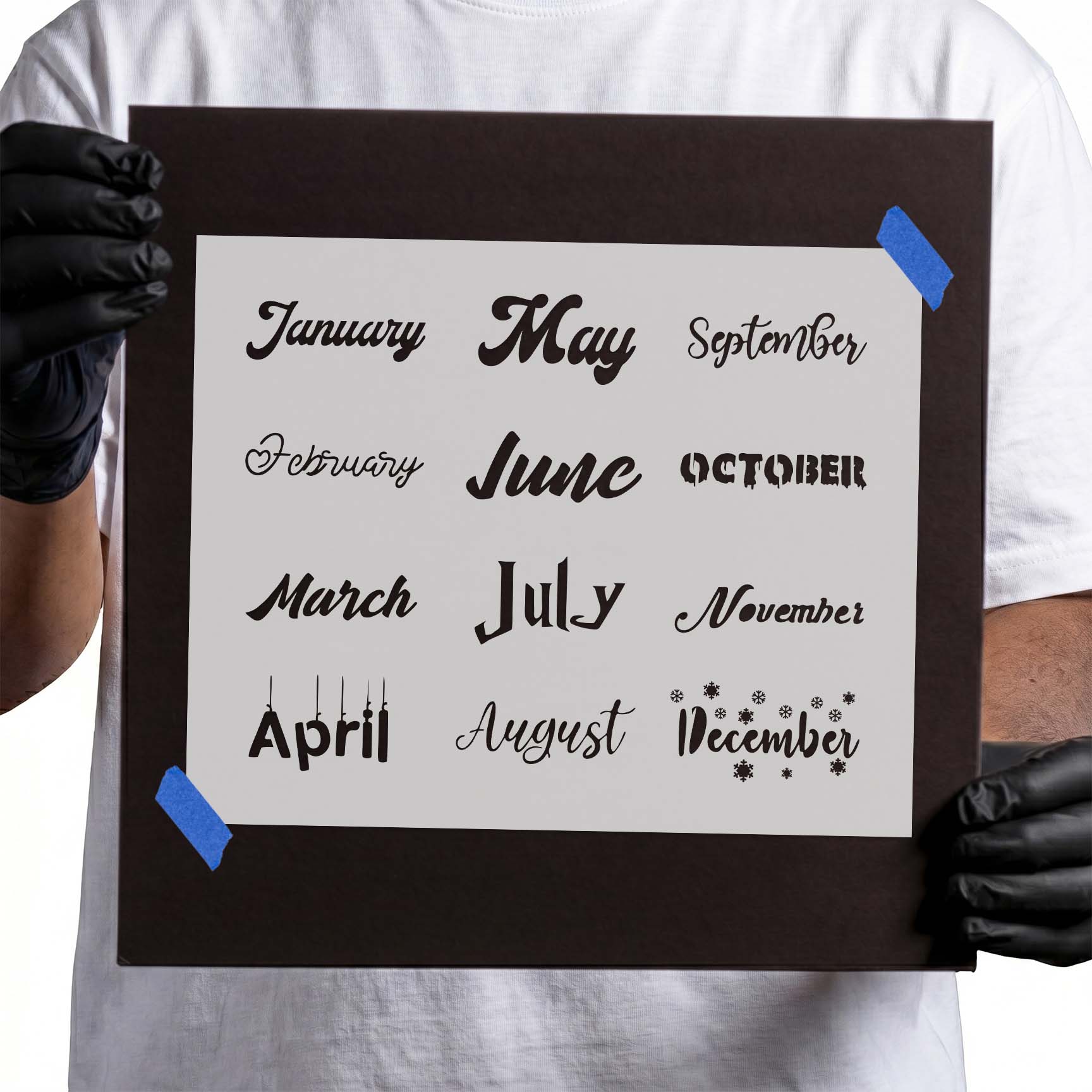 Calendar stencil featuring all twelve months in varied lettering styles