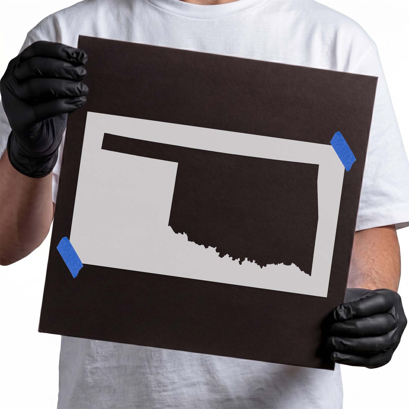 Oklahoma state silhouette stencil with iconic panhandle and detailed southern border