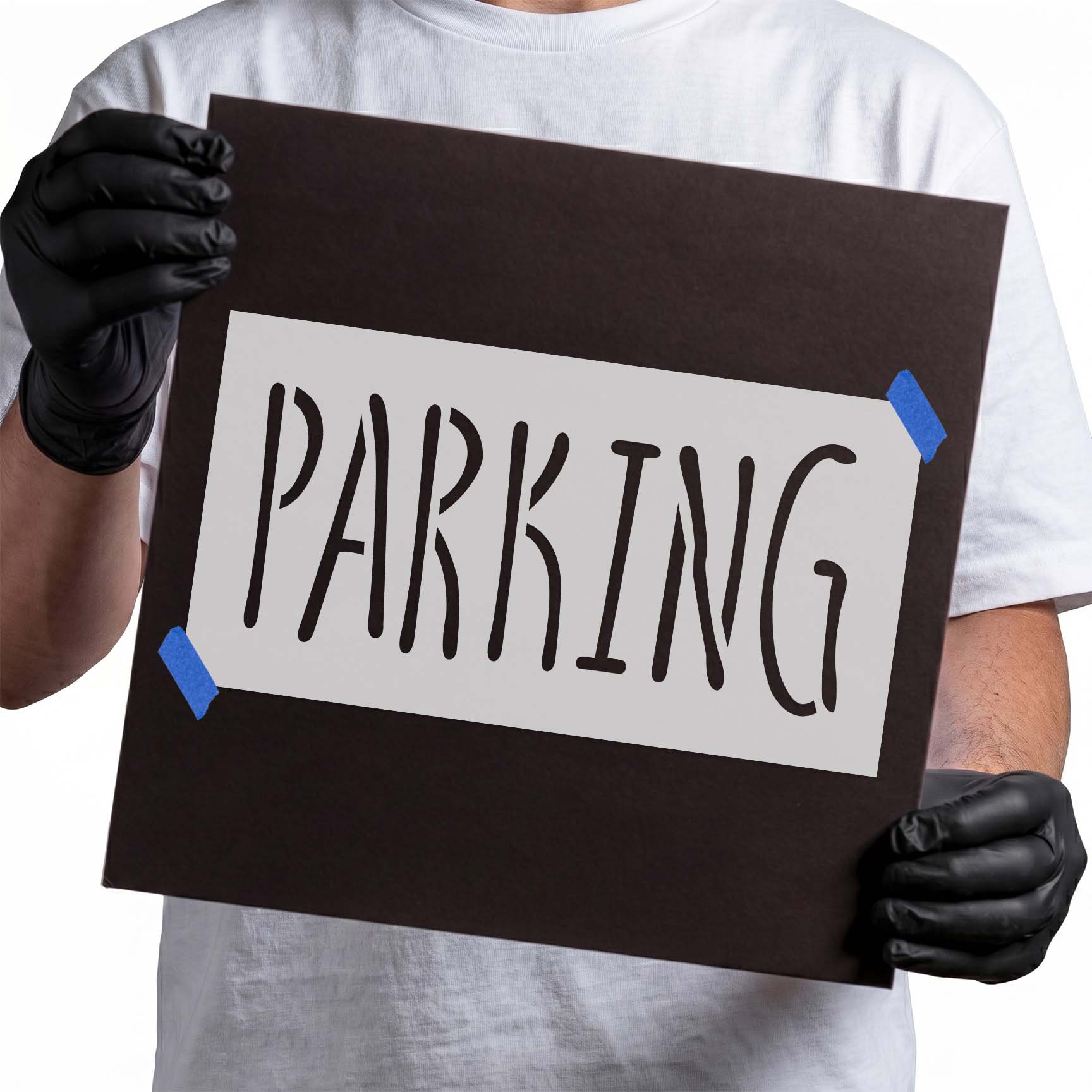 Parking stencil with tall irregular hand drawn lettering