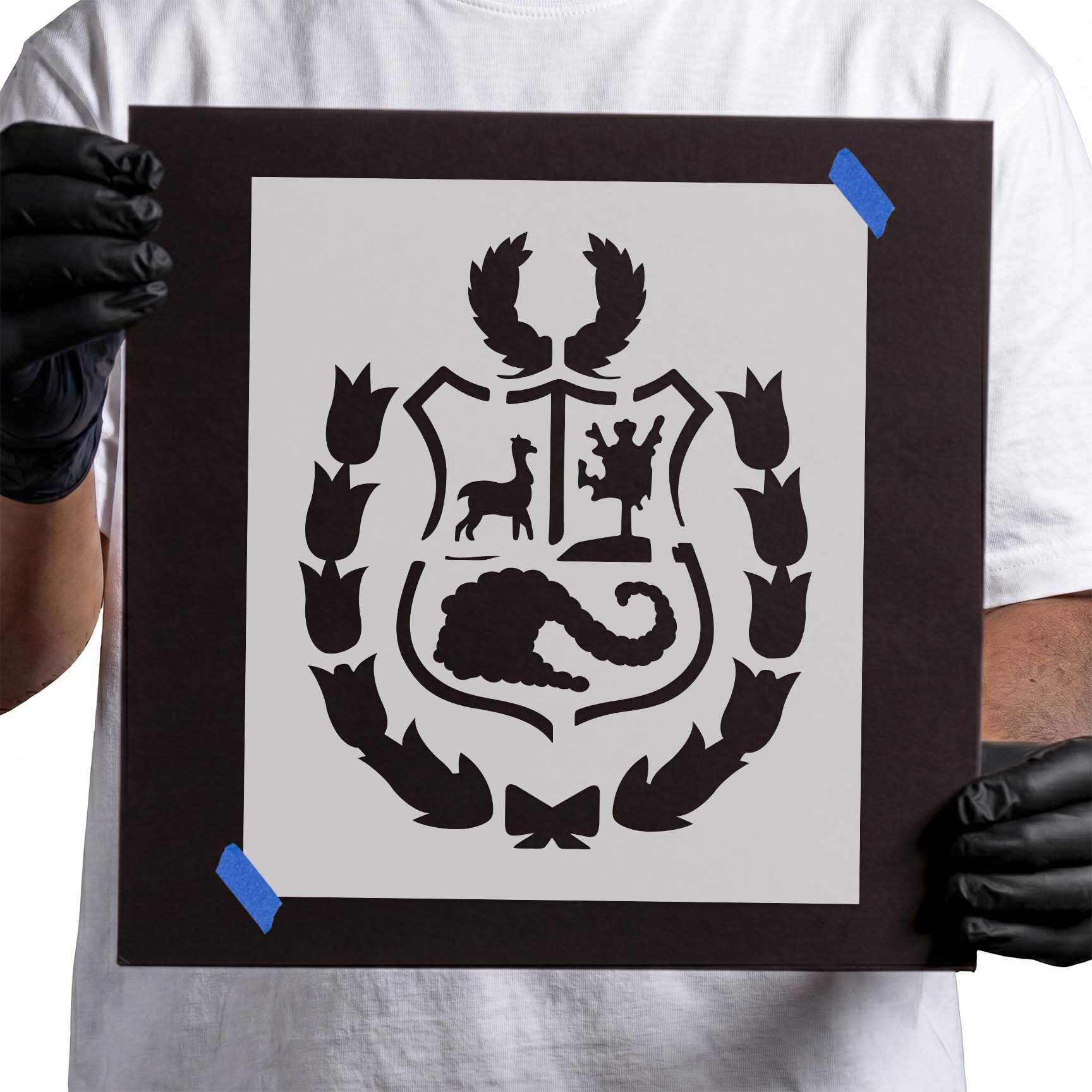 Peruvian coat of arms stencil with shield and decorative wreath
