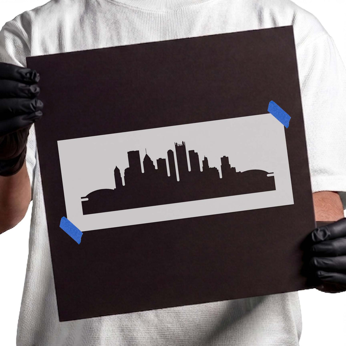 Pittsburgh skyline stencil with towers and varied city building silhouettes