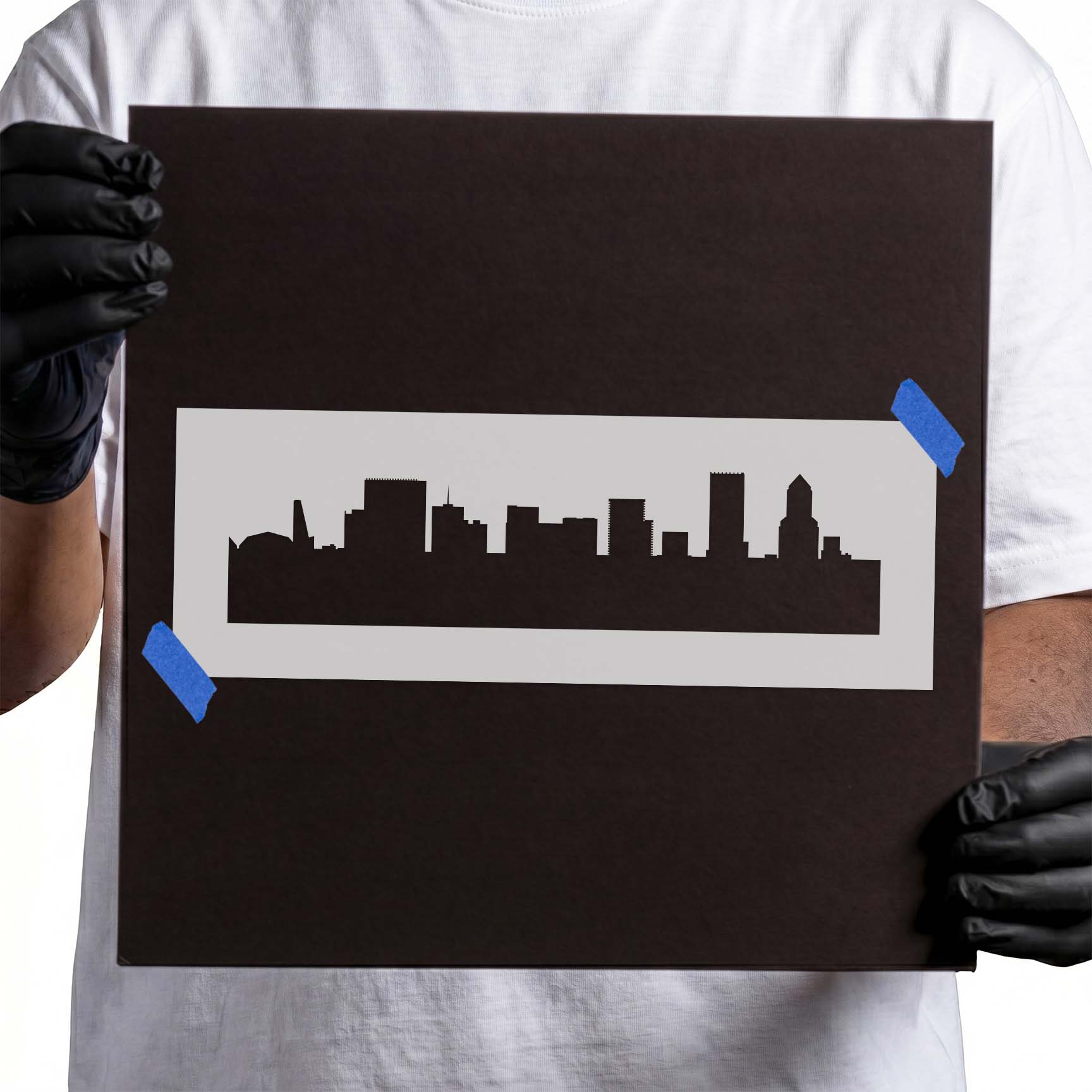 Portland skyline stencil with detailed urban building silhouettes
