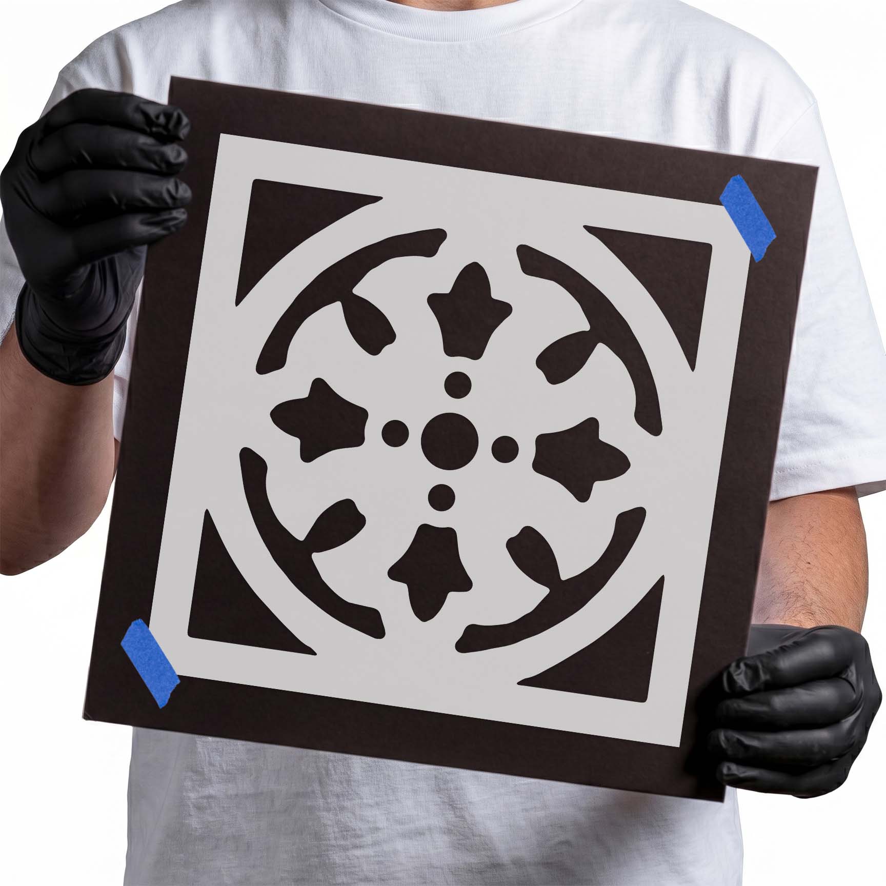 Geometric tile stencil with round cross motif and curved details