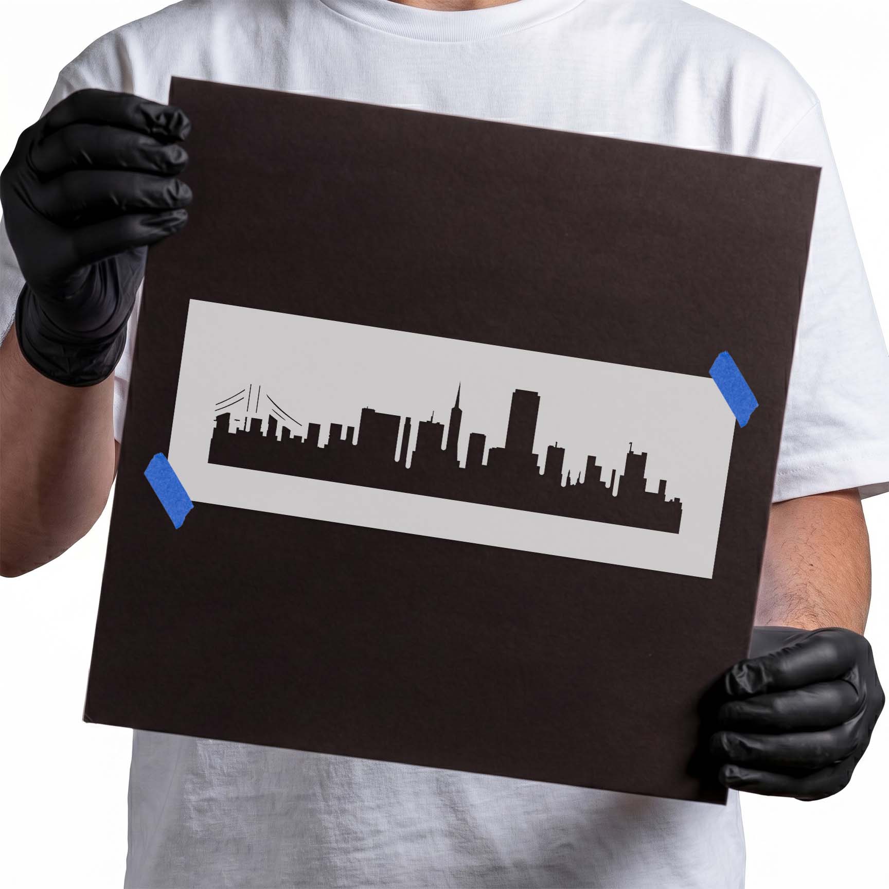 San Francisco skyline stencil with buildings and bridge silhouette