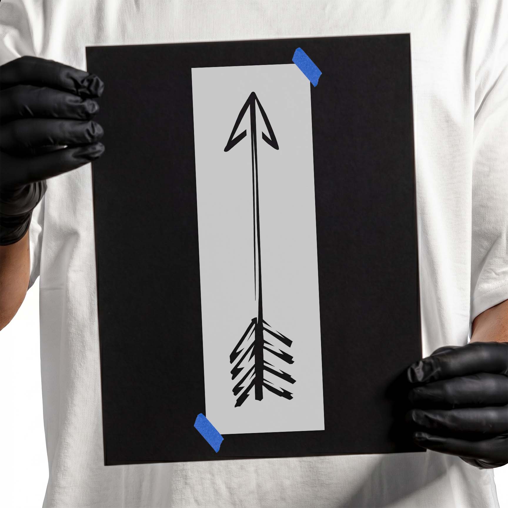 Sketched arrow stencil with outlined point and layered feathered tail