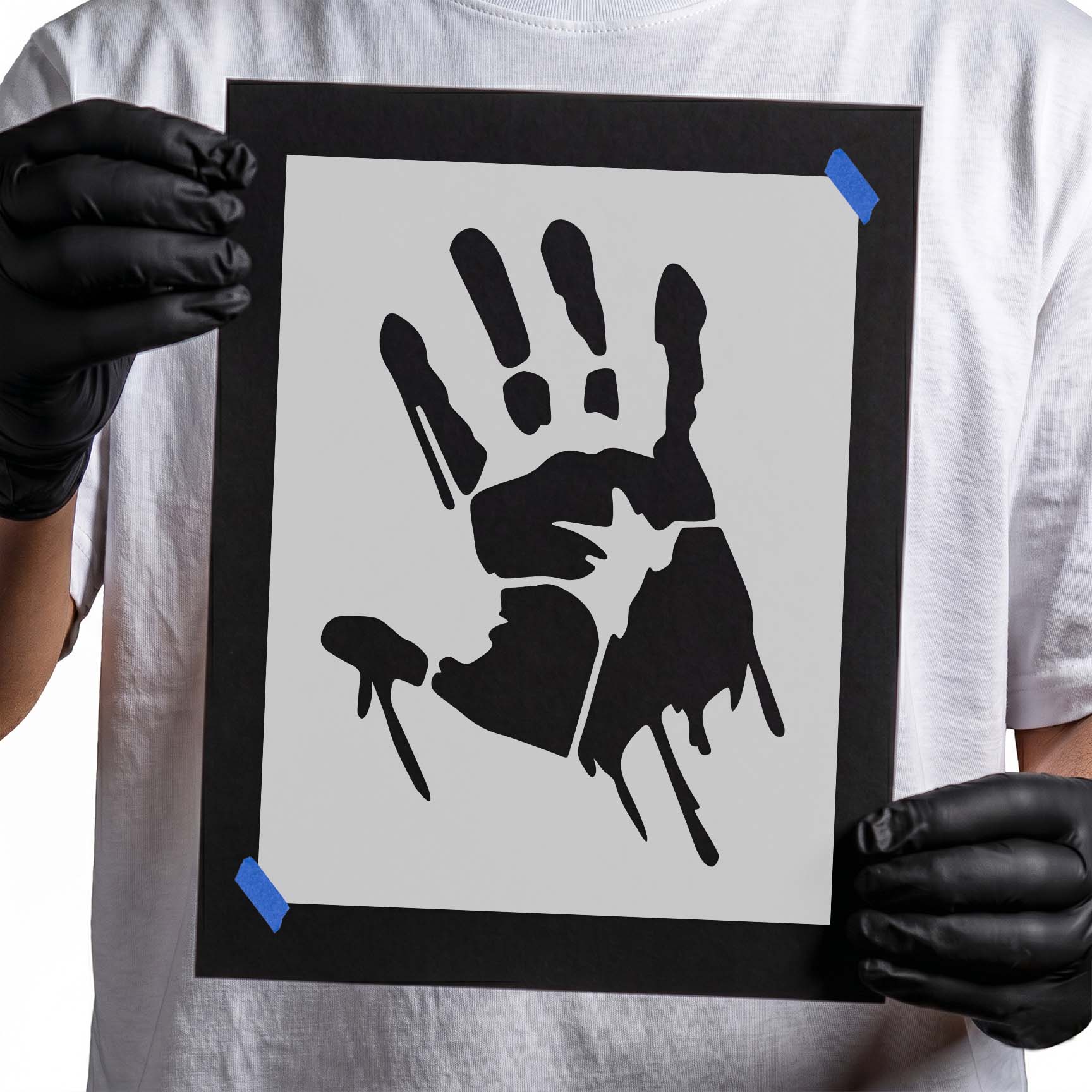 Smeared handprint stencil with distressed edges and dripping marks