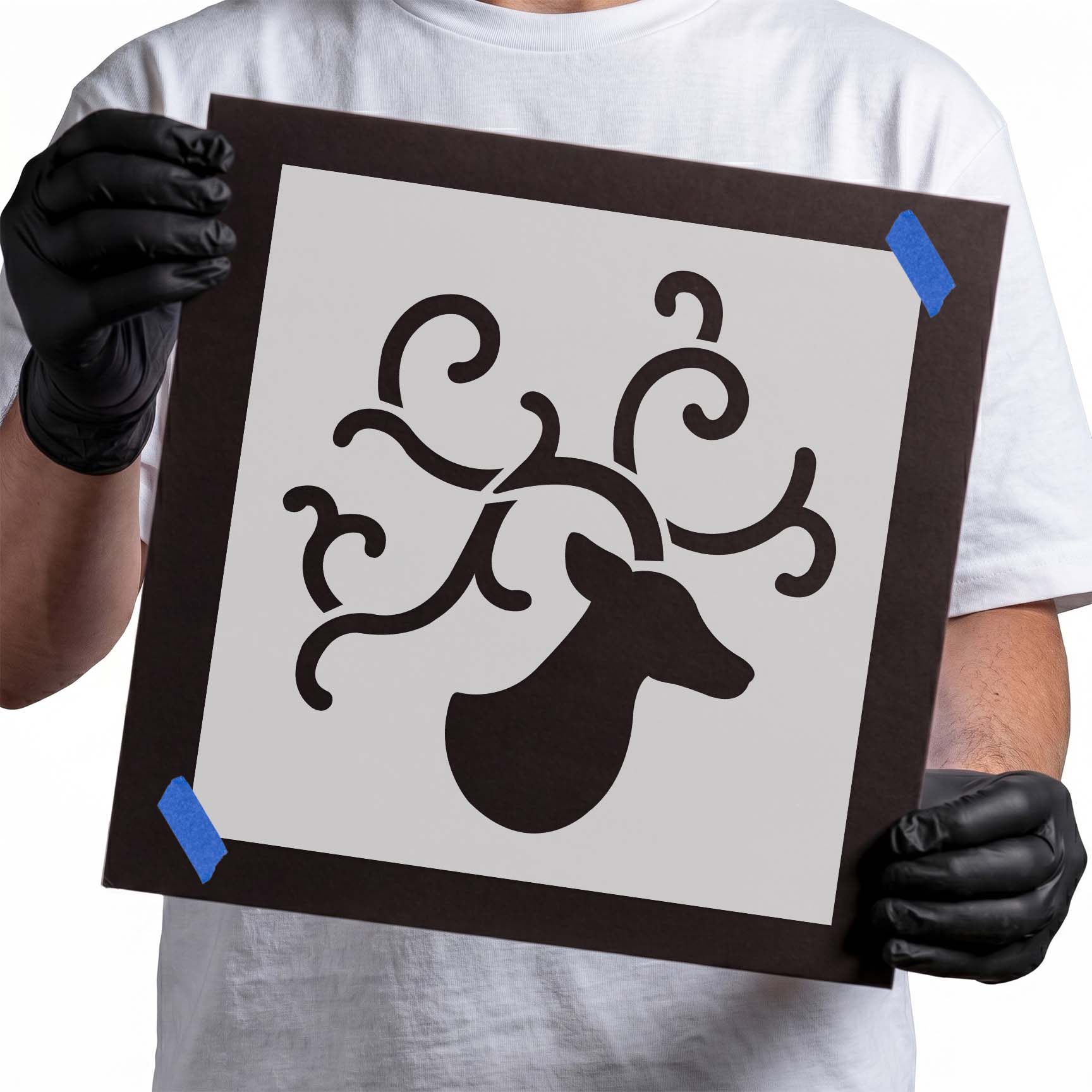 Reindeer stencil with large decorative swirling antlers and head silhouette