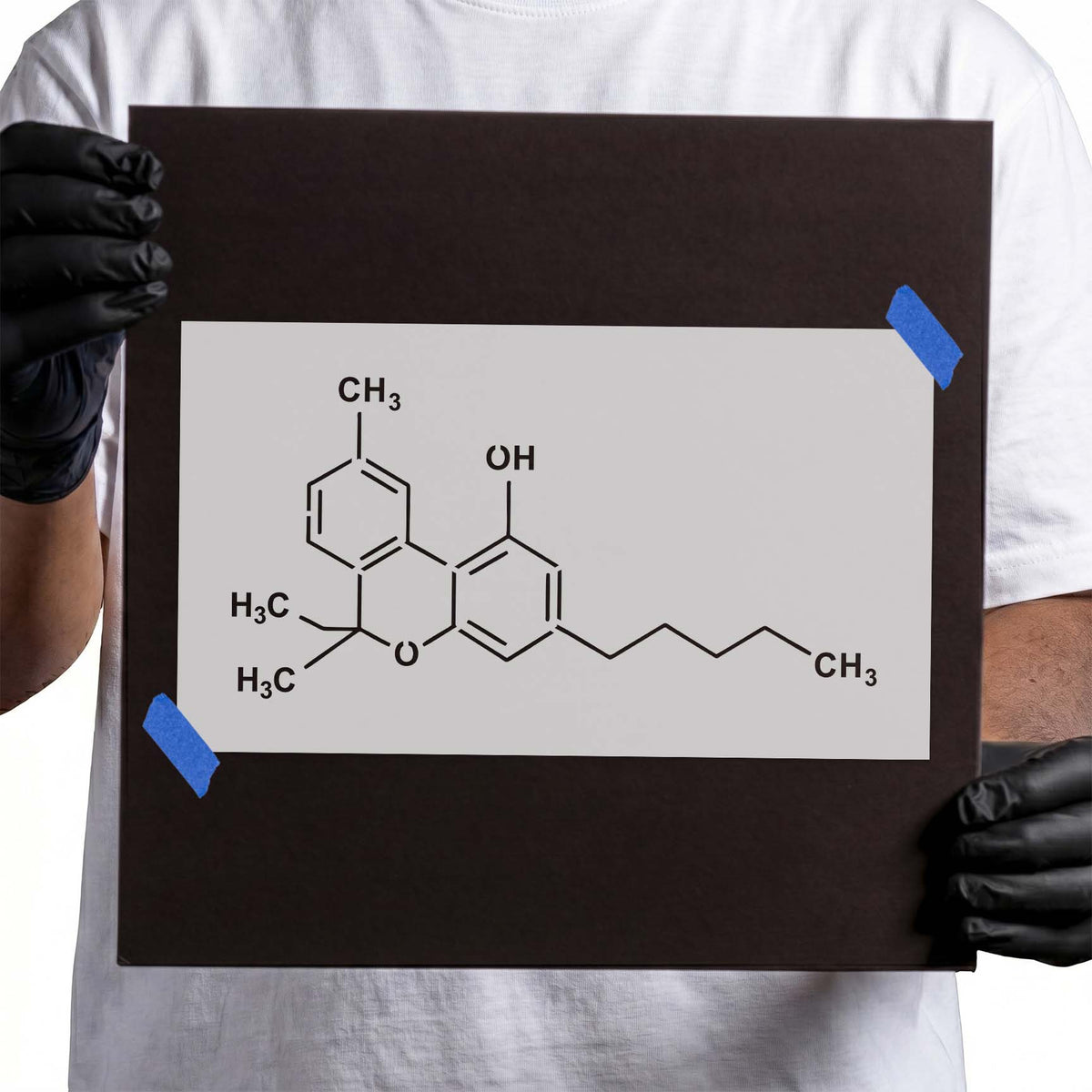 THC molecule stencil with chemical bonds rings and molecular labels