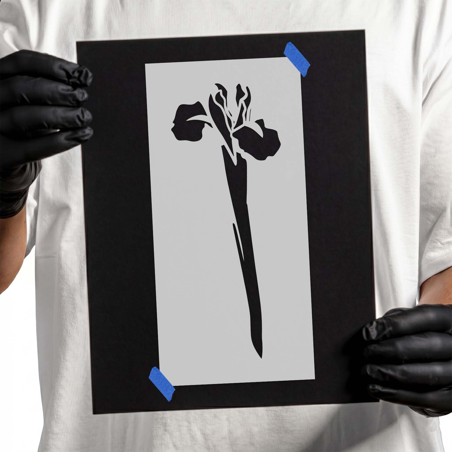Tall iris flower stencil with long stem and open petals