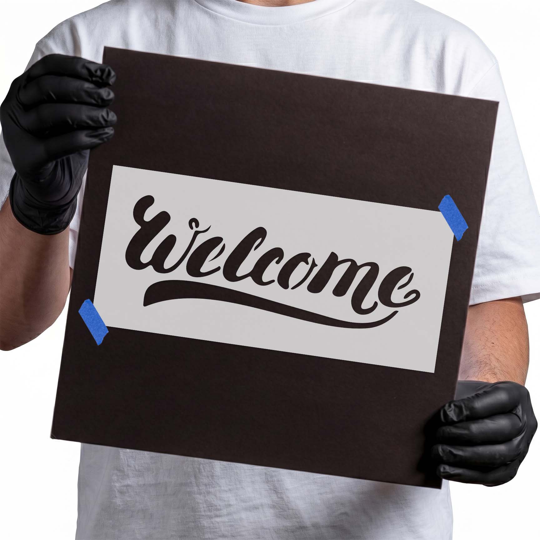 Welcome script stencil with long sweeping underline flourish