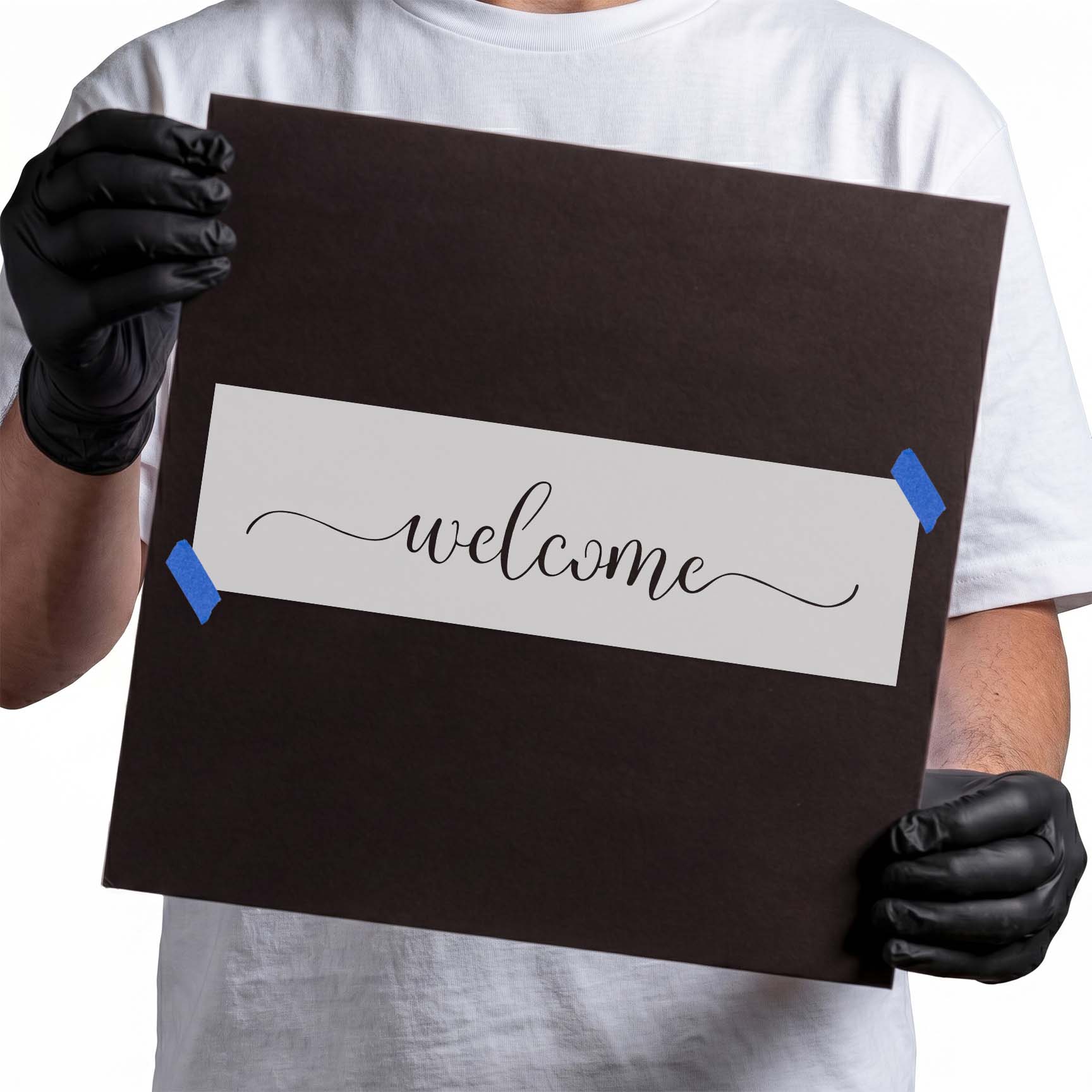Welcome stencil with flowing cursive lettering and long decorative flourishes