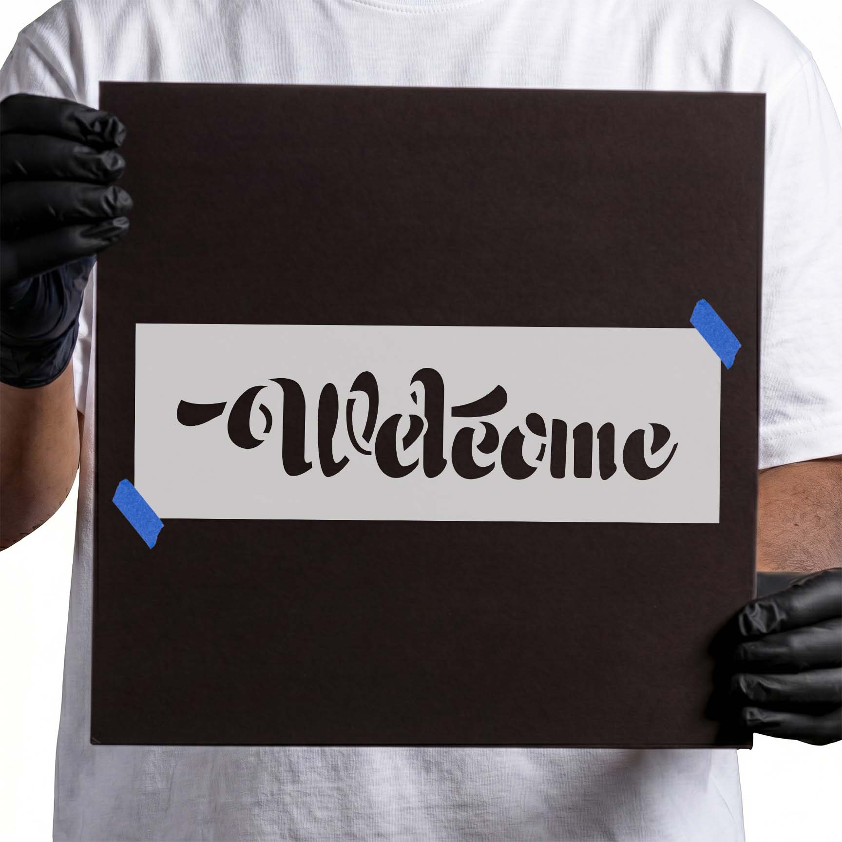 Welcome stencil with bold whimsical lettering and playful curled details