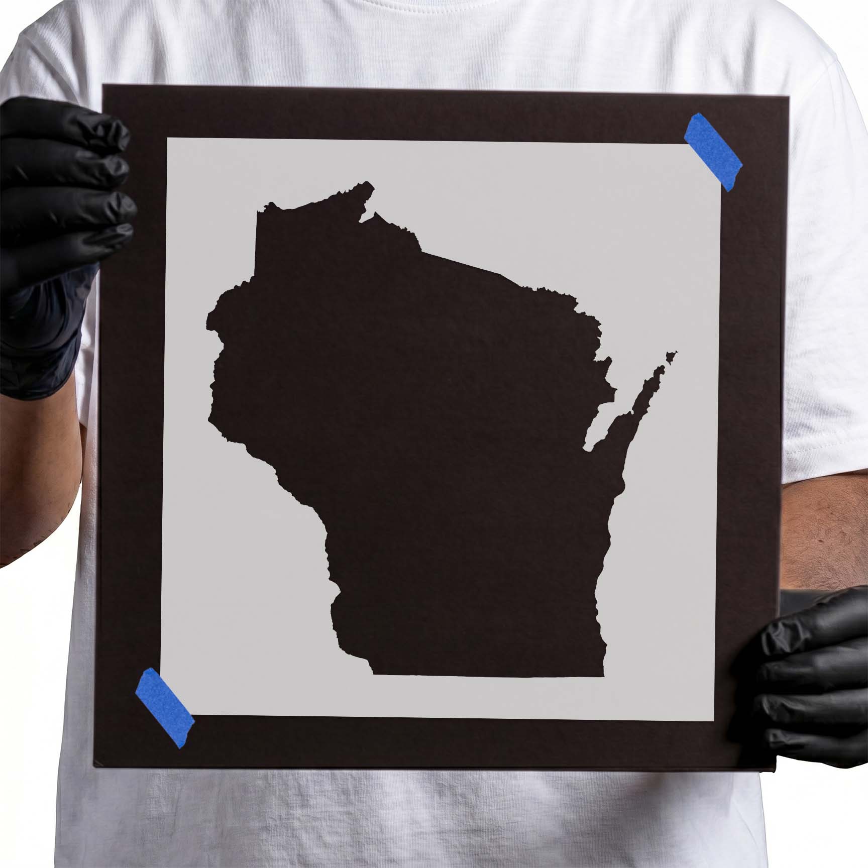 Wisconsin state outline stencil with lake borders and Door Peninsula