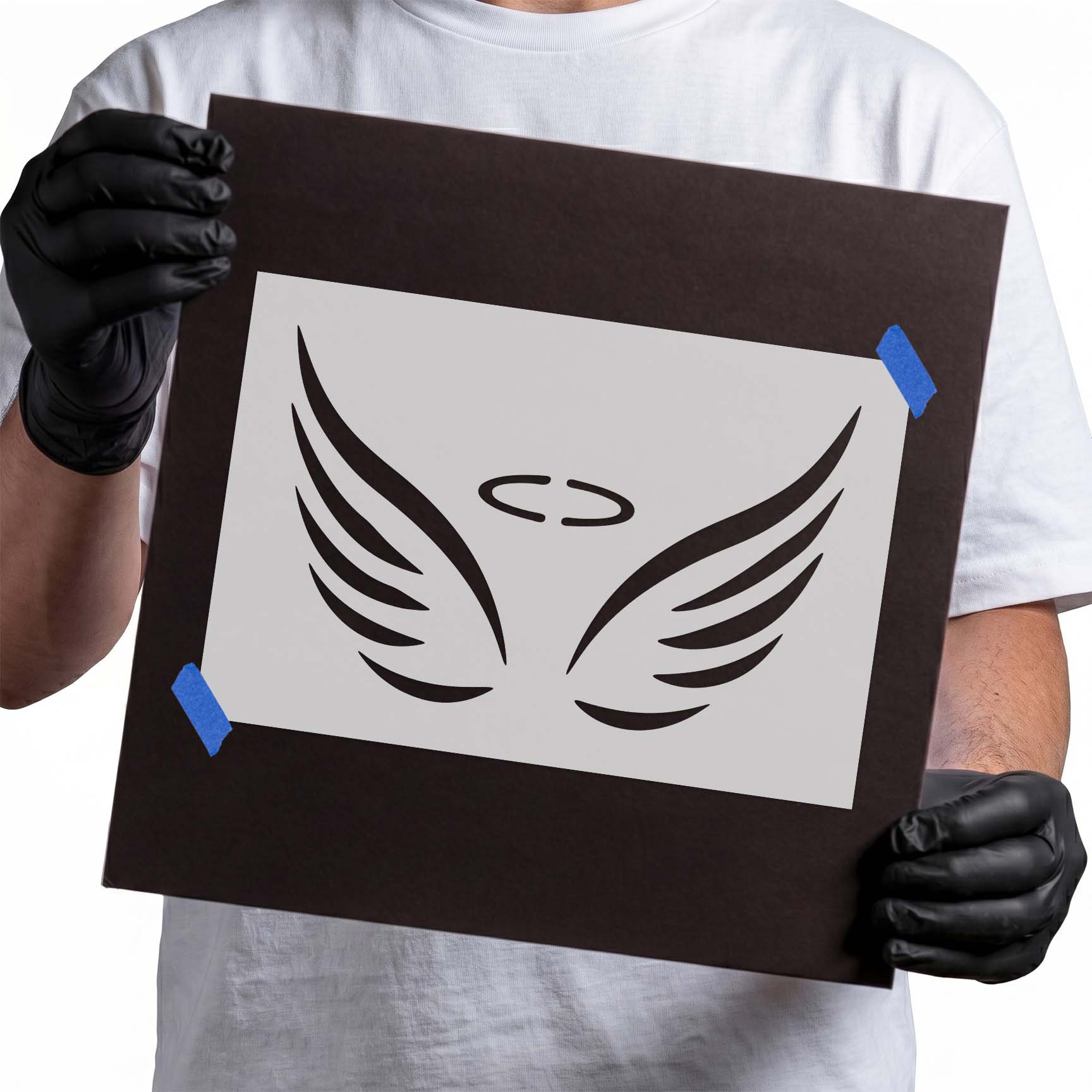 Angel wings stencil with sweeping feathers and centered halo