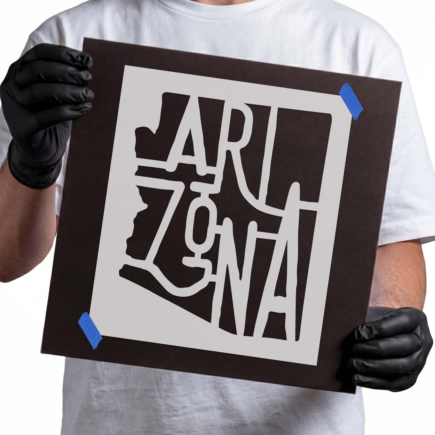 Arizona stencil with bold lettering inside the state silhouette