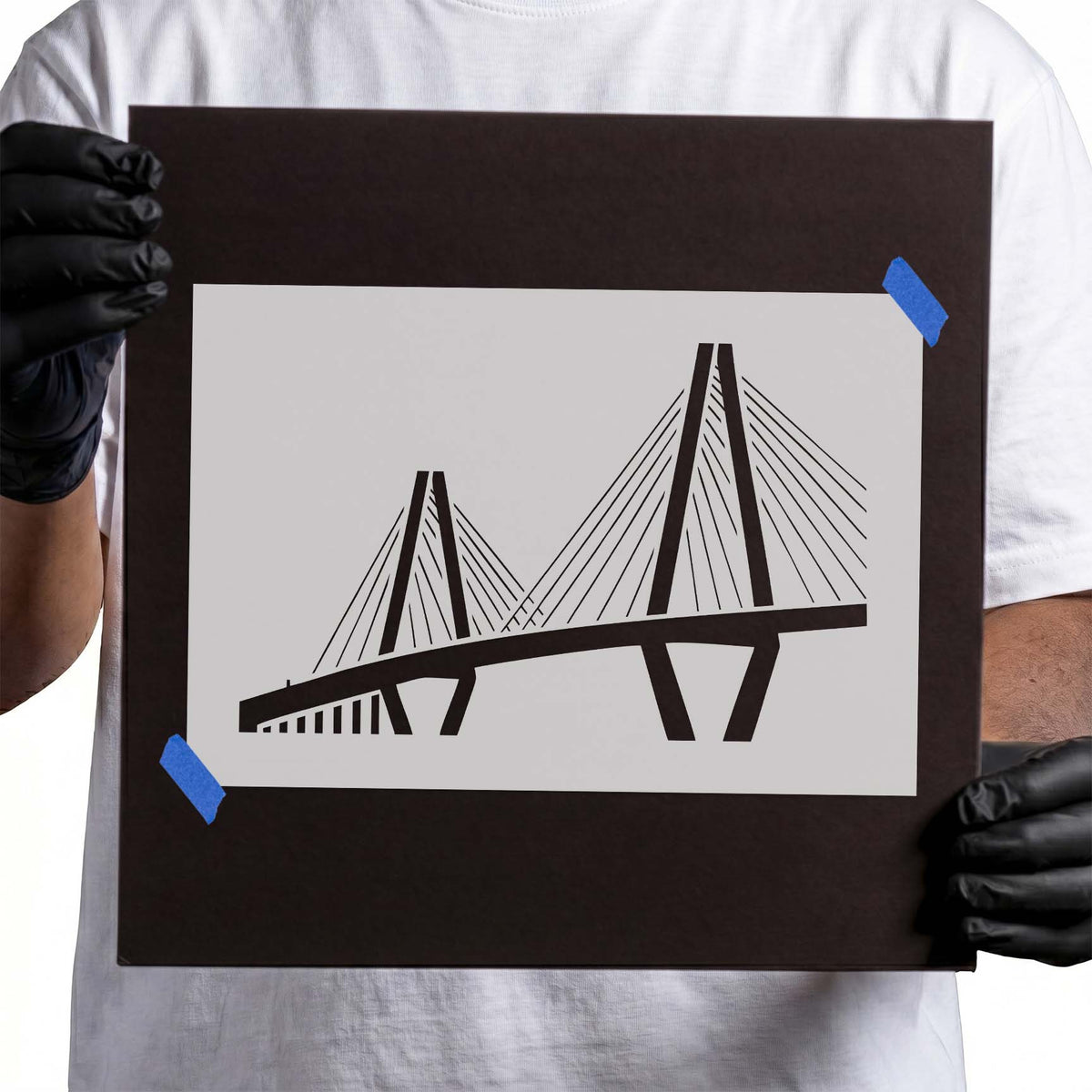 Arthur Ravenel Bridge stencil with twin towers and suspension cables