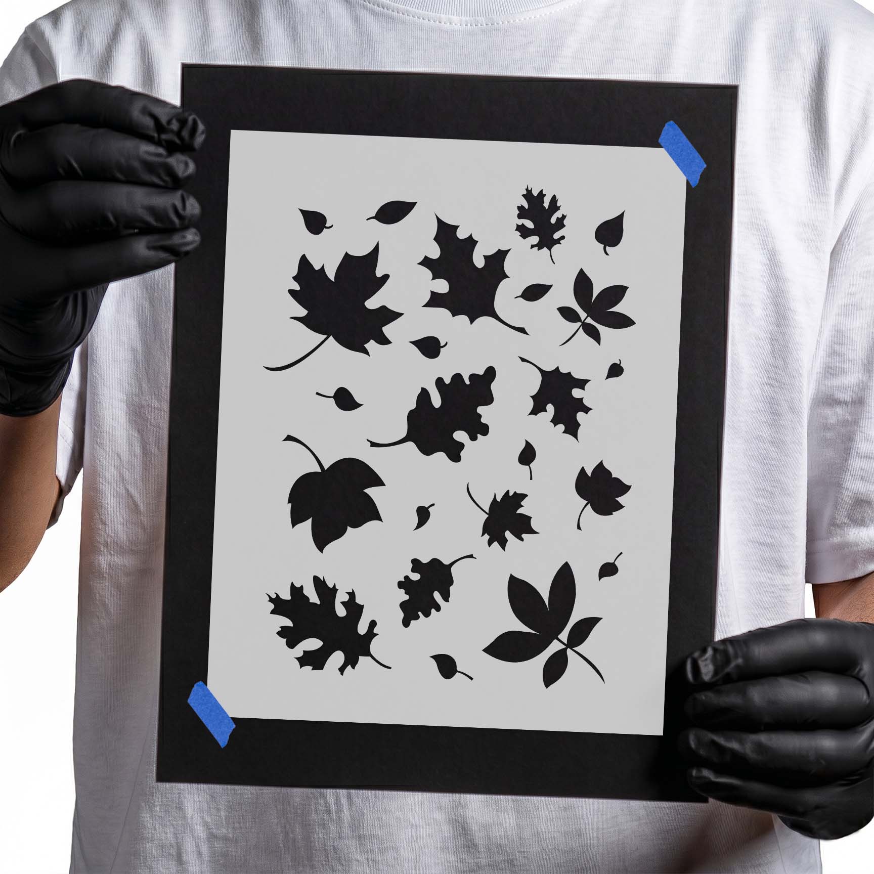 Stencil with scattered autumn leaves in assorted shapes and sizes