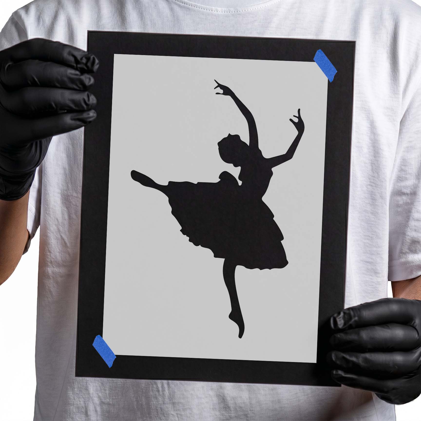 Ballerina stencil silhouette with flowing skirt and raised arms