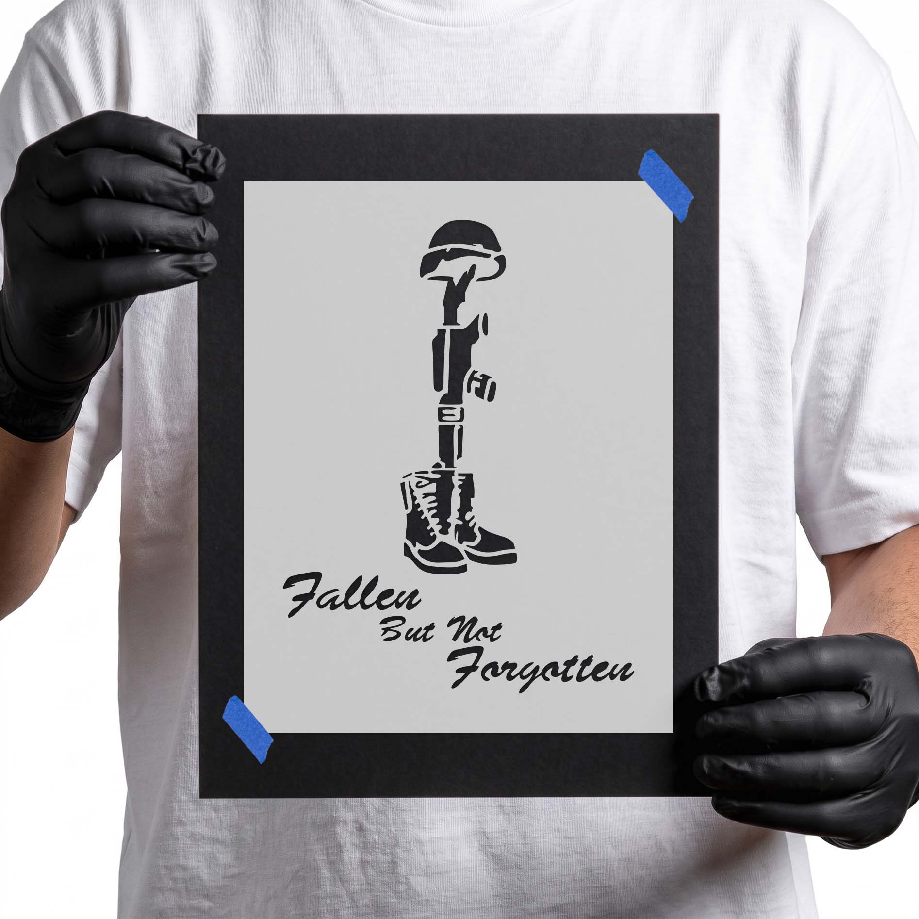 Battlefield cross stencil with helmet boots and remembrance lettering