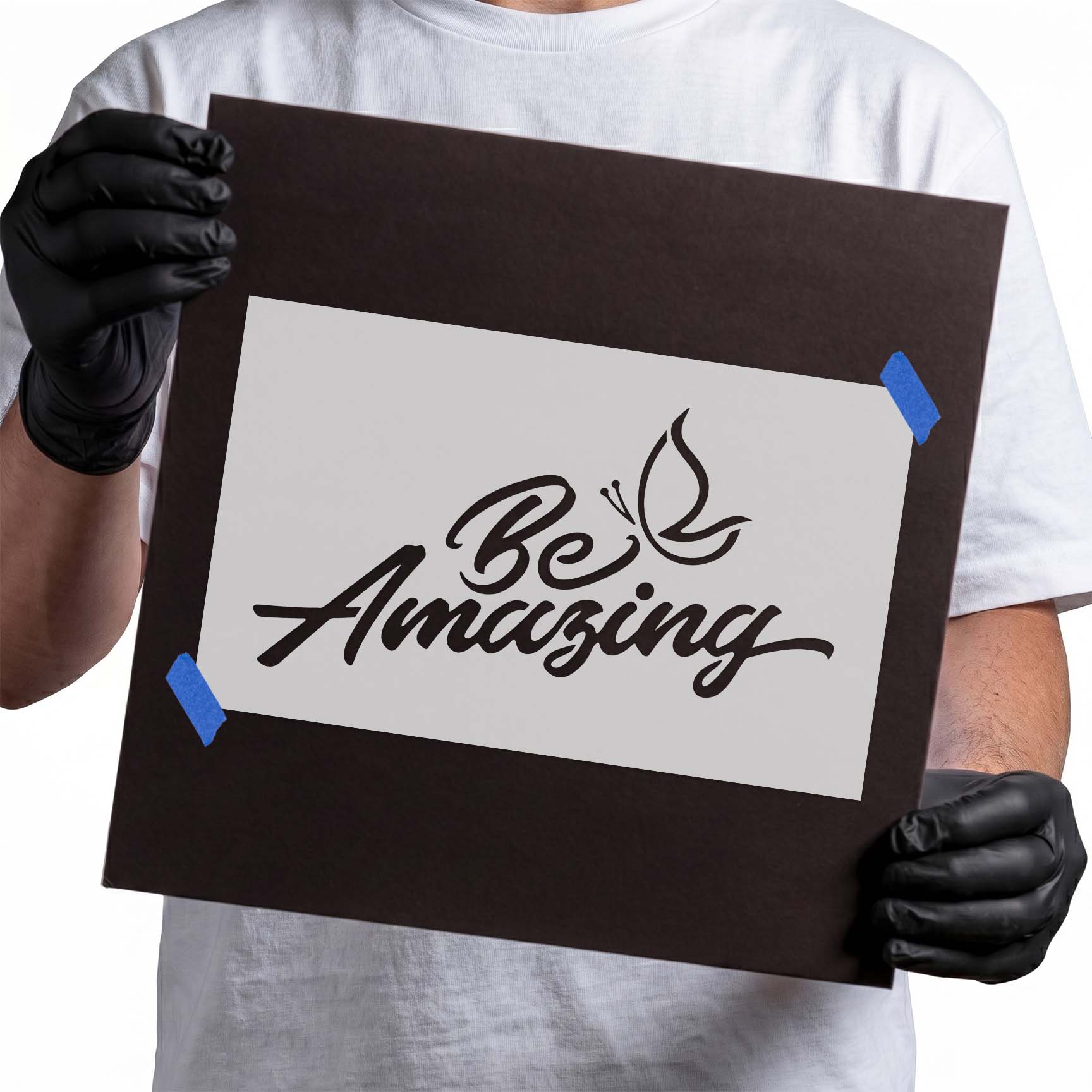 Be Amazing script stencil with flowing lettering and butterfly accent
