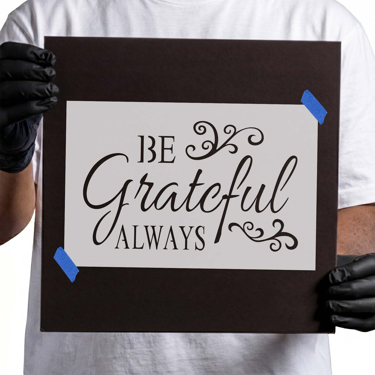 Ornate Be Grateful Always Stencil with flowing script and curled decorative flourishes