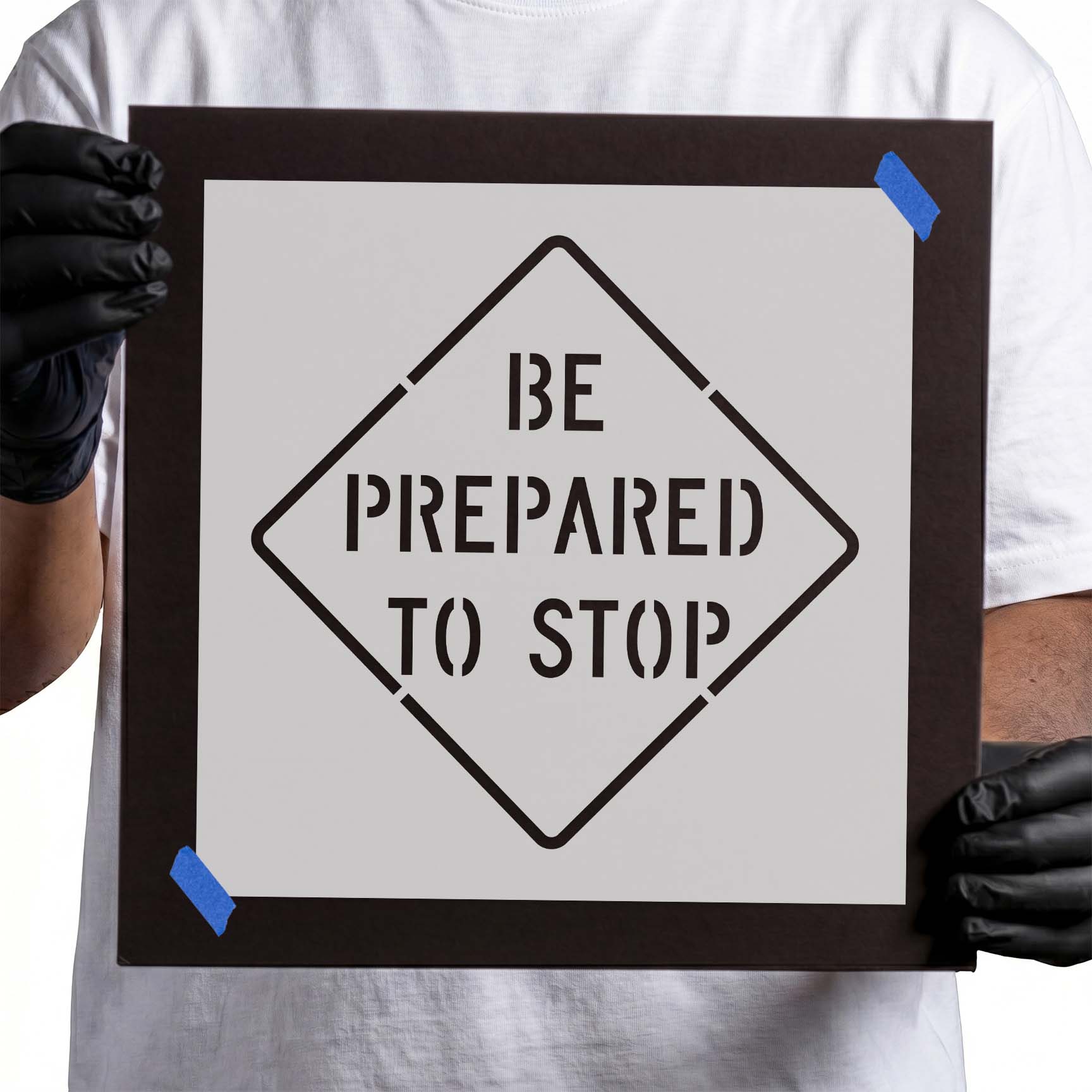 Be prepared to stop stencil with bold lettering and diamond border