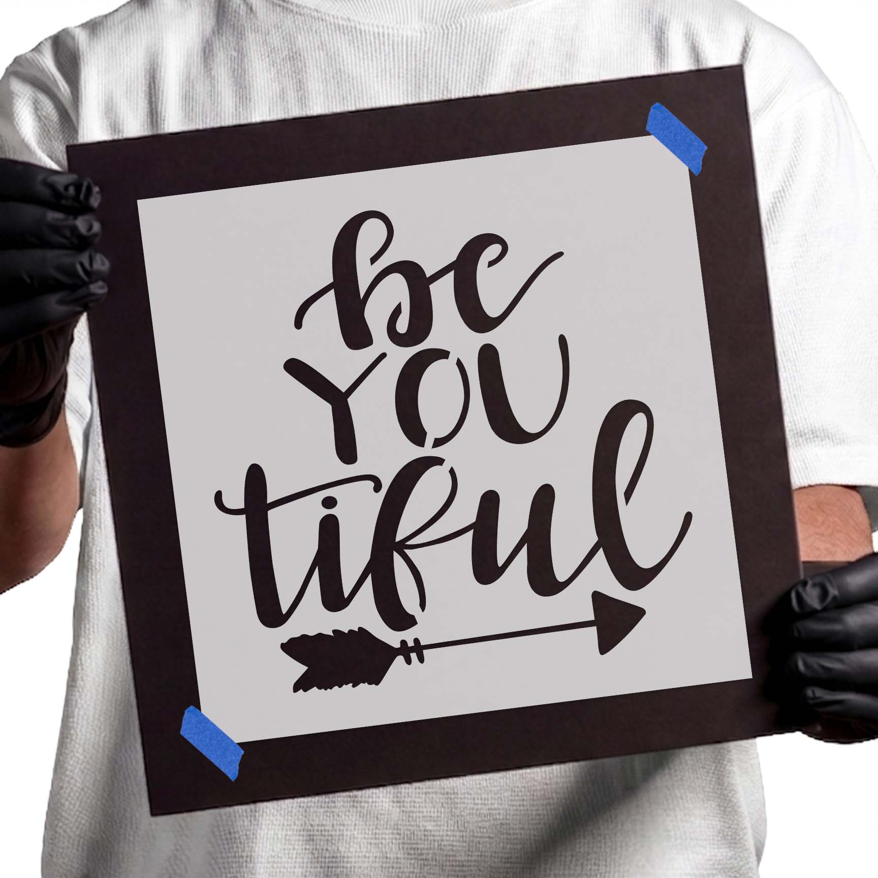 Be You Tiful stencil lettering with decorative arrow design