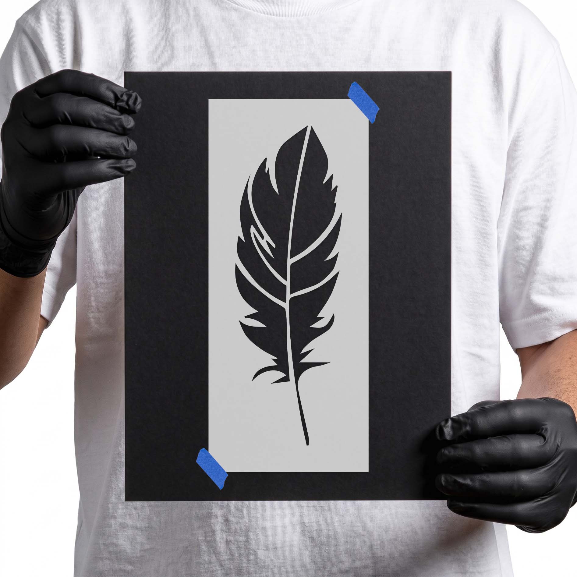 Detailed feather stencil with layered barbs and long central shaft