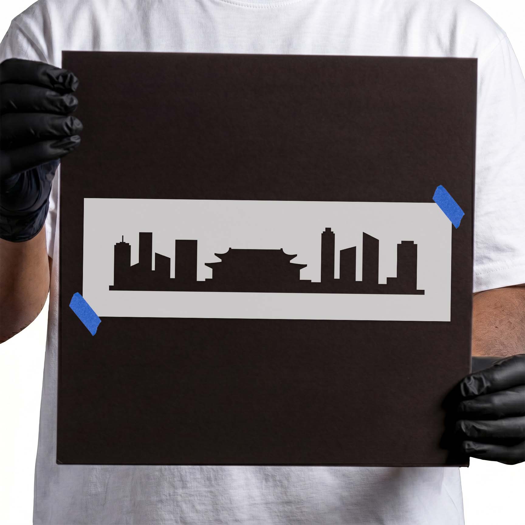 Beijing city skyline stencil with towers and traditional roof silhouette
