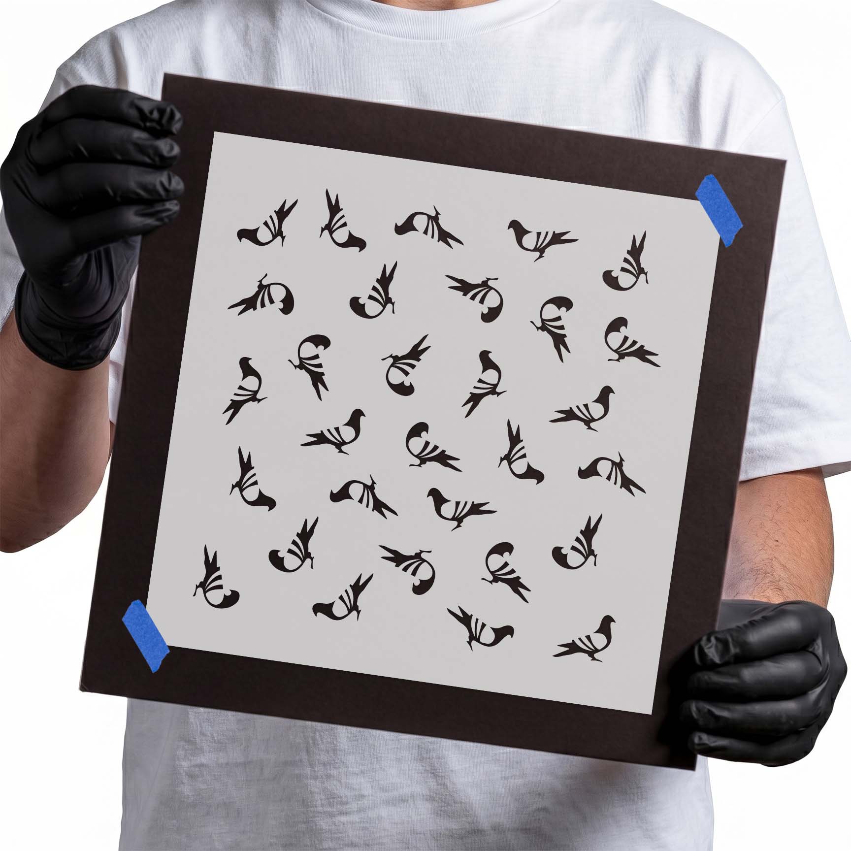 Repeating bird stencil pattern with varied small silhouettes