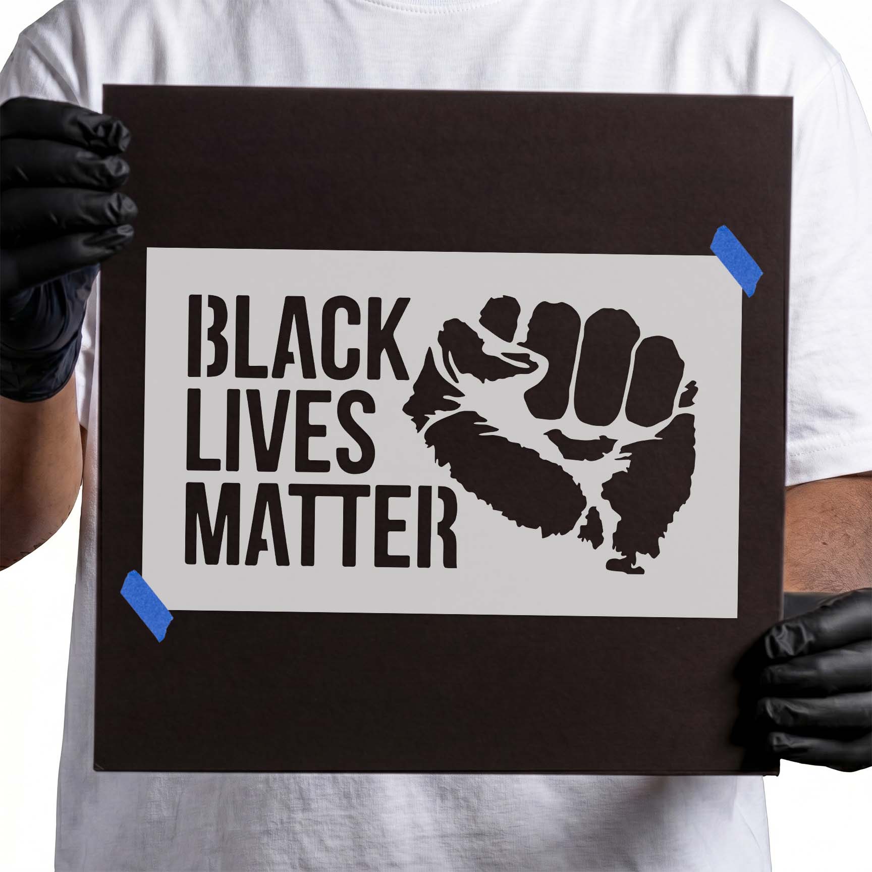 Black Lives Matter stencil with bold lettering and raised fist