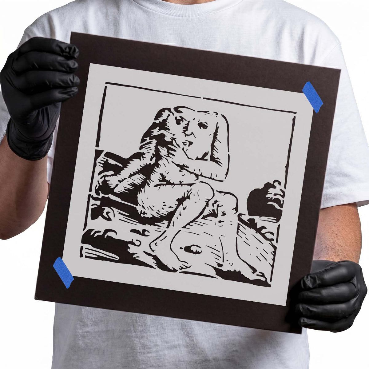 Blemmyae headless man stencil featuring a seated mythical figure with a face on its torso