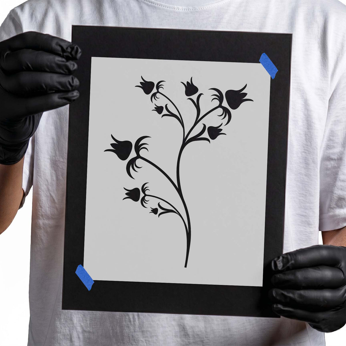 Blooming flowers stencil with curved stems and delicate blossoms