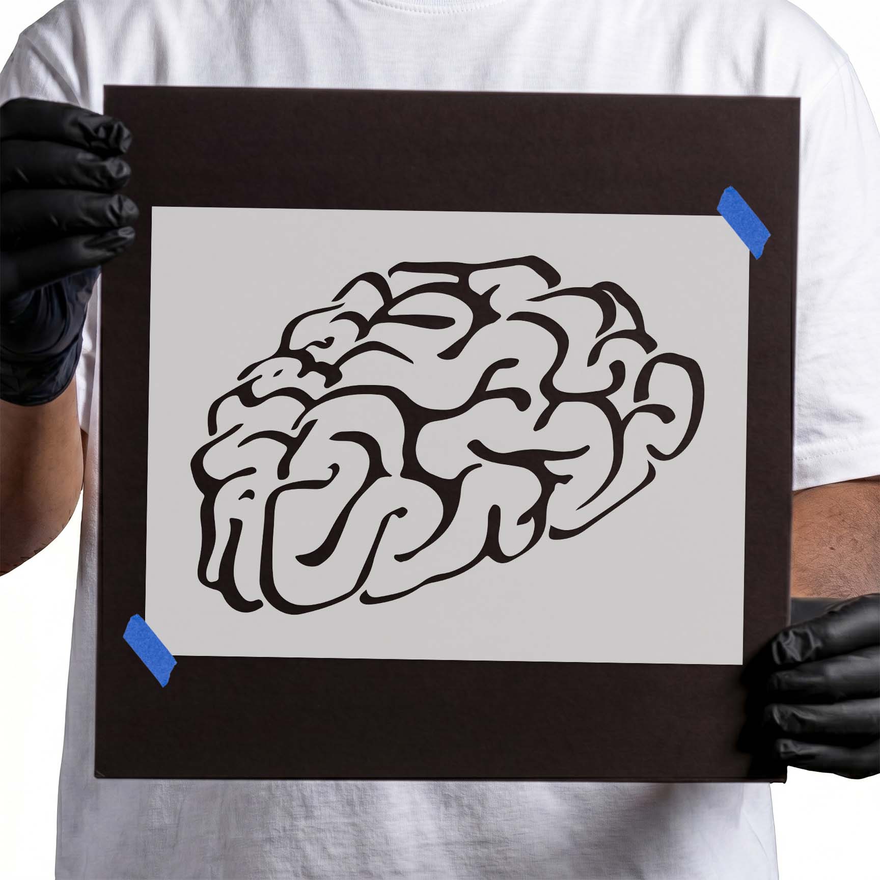Brain stencil with curved lobes and flowing anatomical contour lines